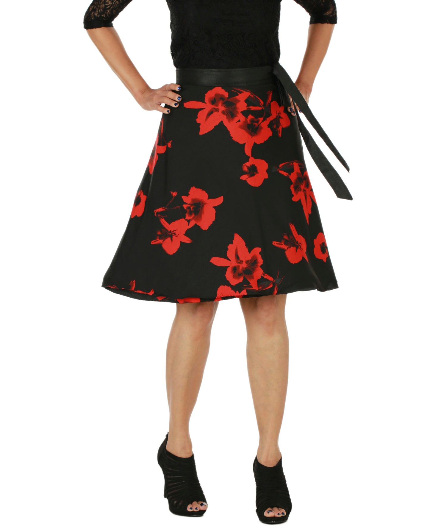Black free size wrap skirt with red floral pattern worn by a person on a white background WA000153