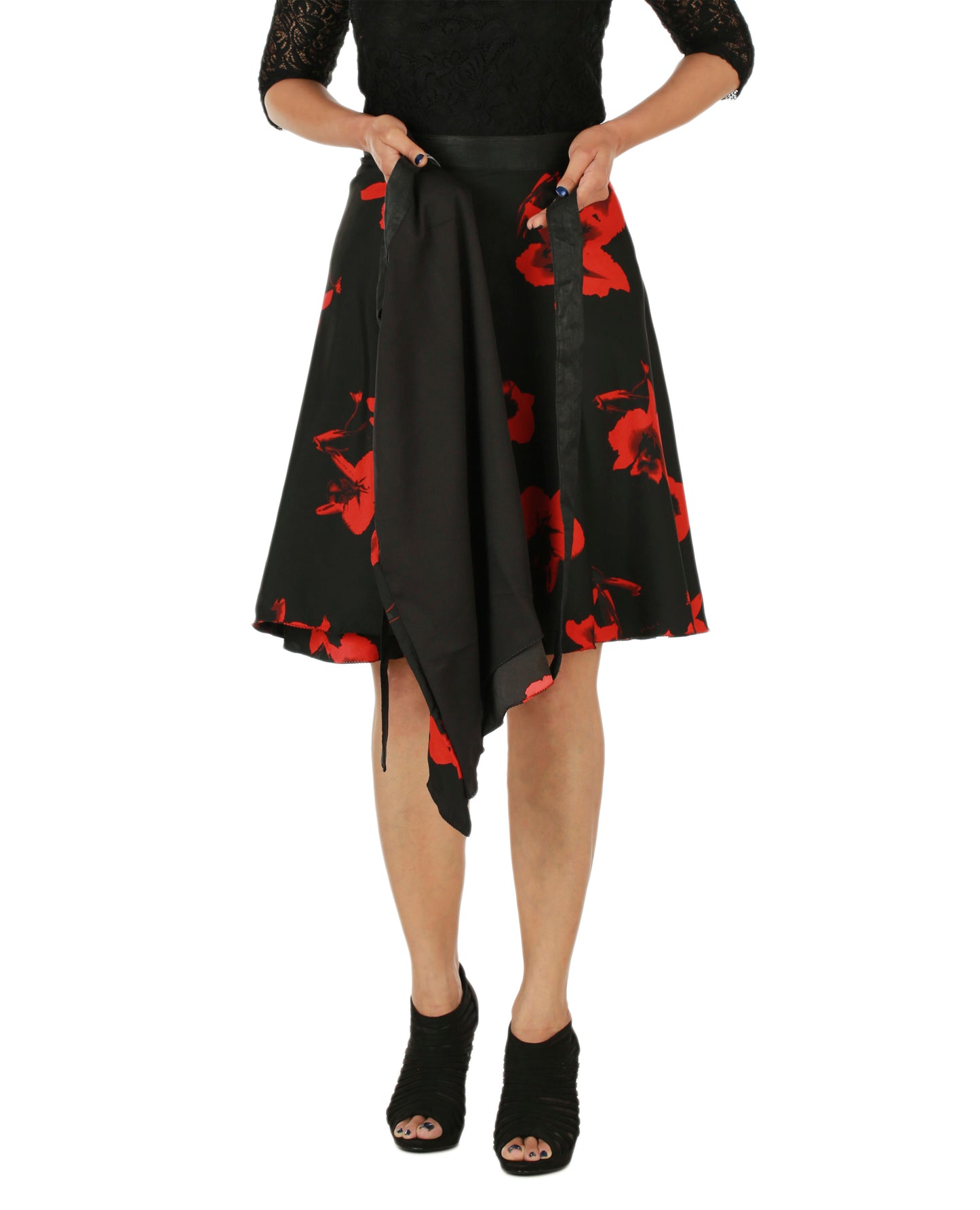 Floral Print Black Wrap Skirt Free Size WA000153