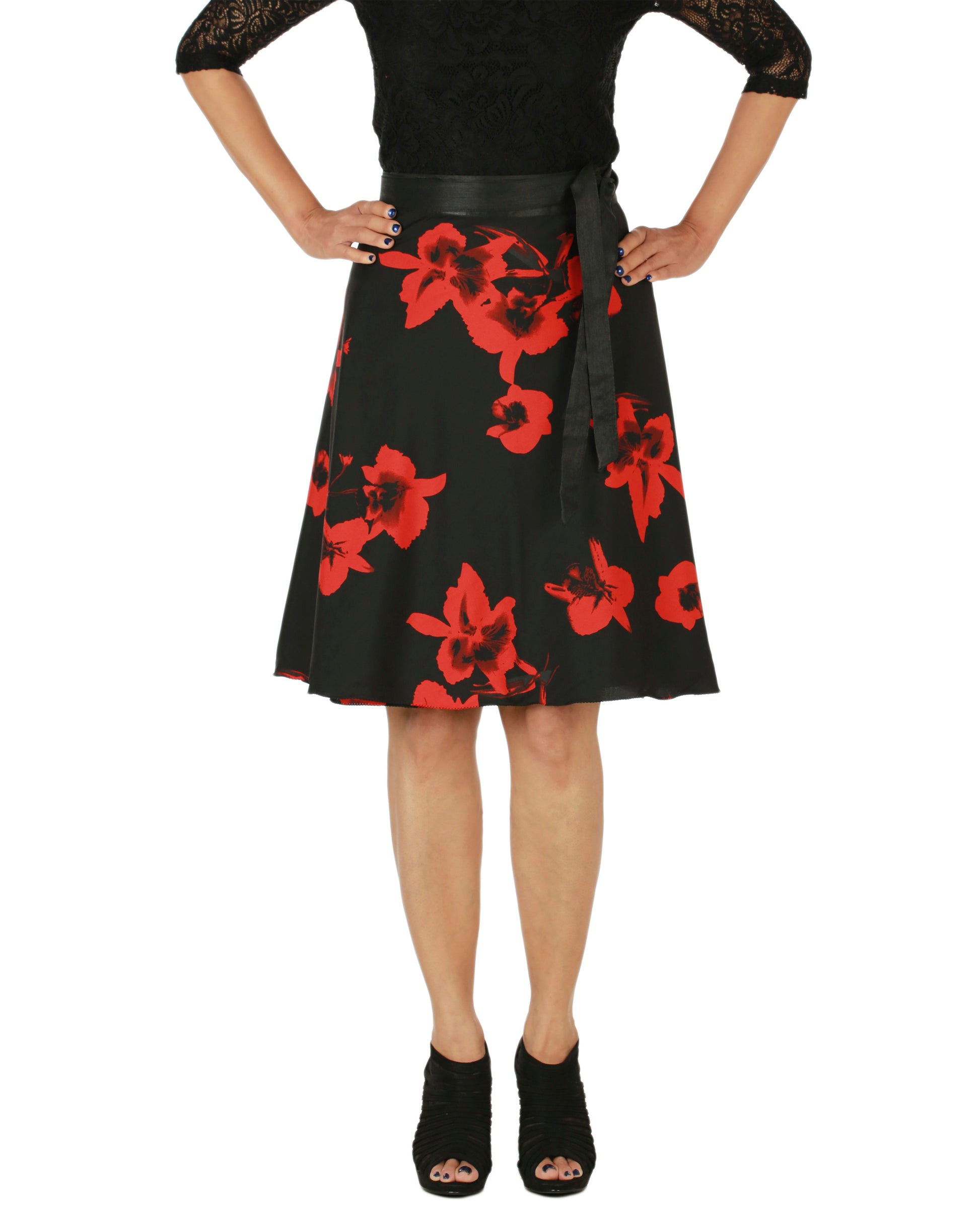 Floral Print Black Wrap Skirt Free Size WA000153