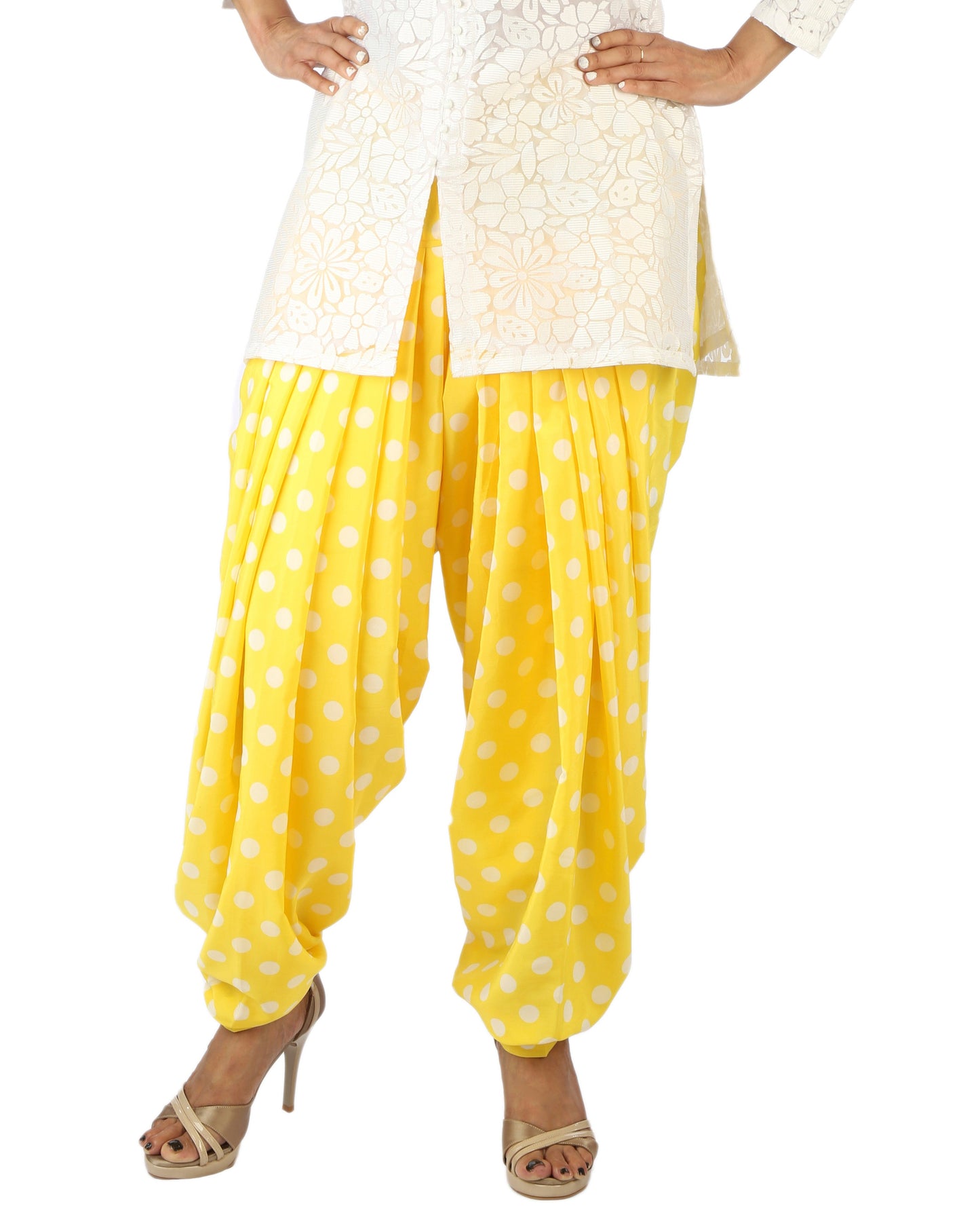 DeeVineeTi Women's Crepe Yellow Polka Dot Printed FreeSize Patiala Salwar DVSR0002 Front