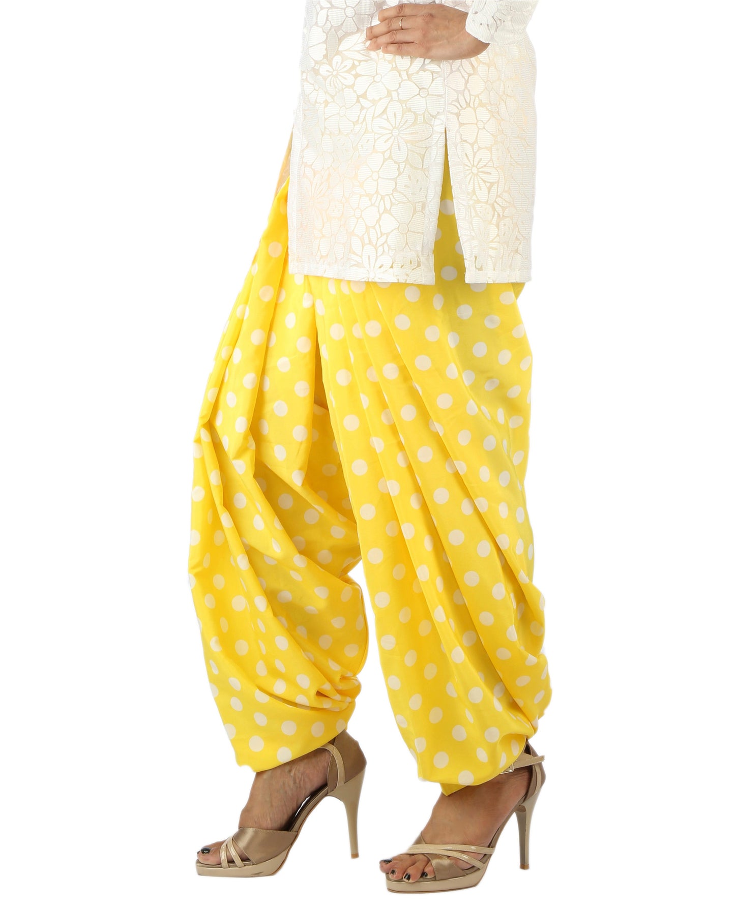 DeeVineeTi Women's Crepe Yellow Polka Dot Printed FreeSize Patiala Salwar DVSR0002 Left