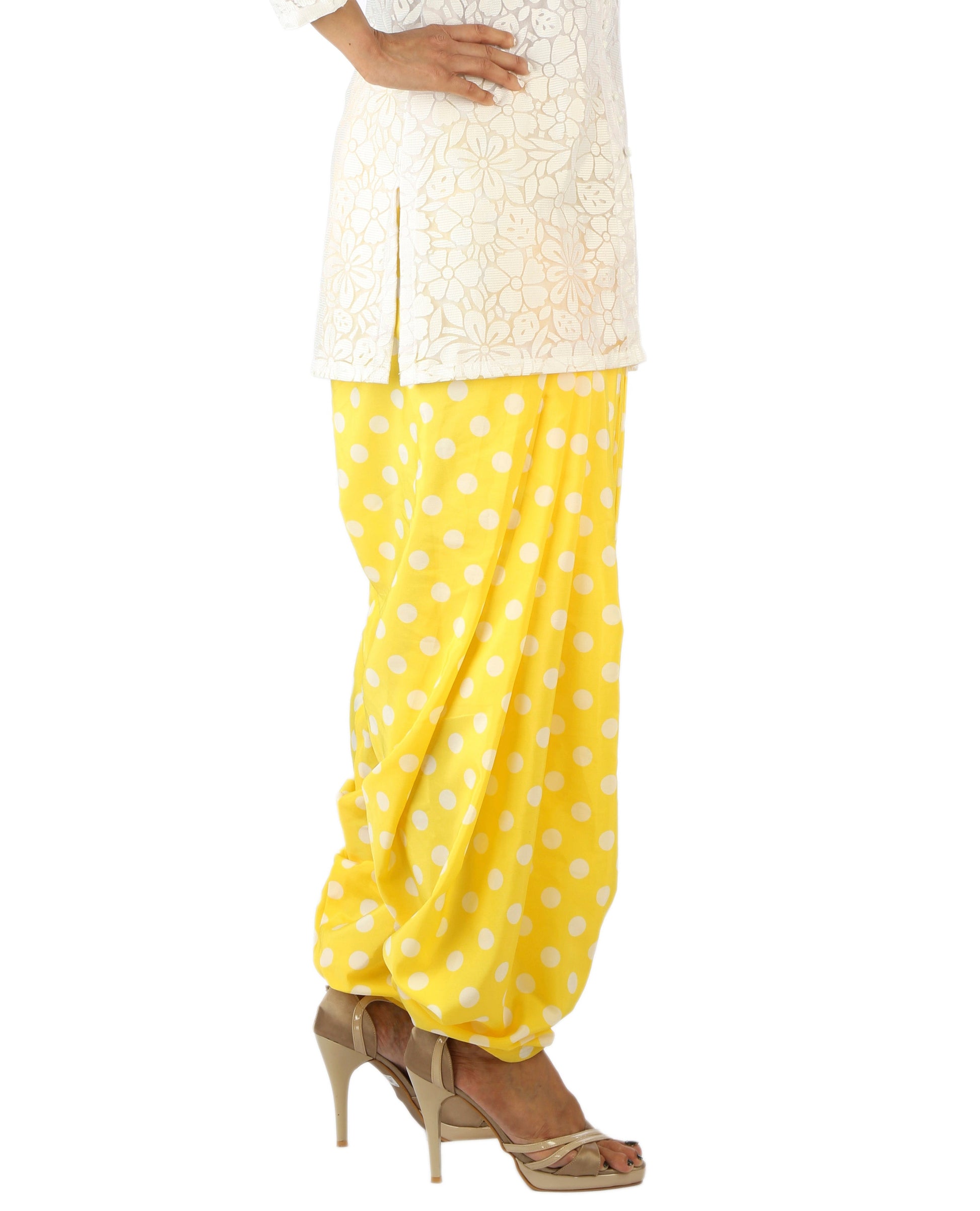 DeeVineeTi Women's Crepe Yellow Polka Dot Printed FreeSize Patiala Salwar DVSR0002 Right