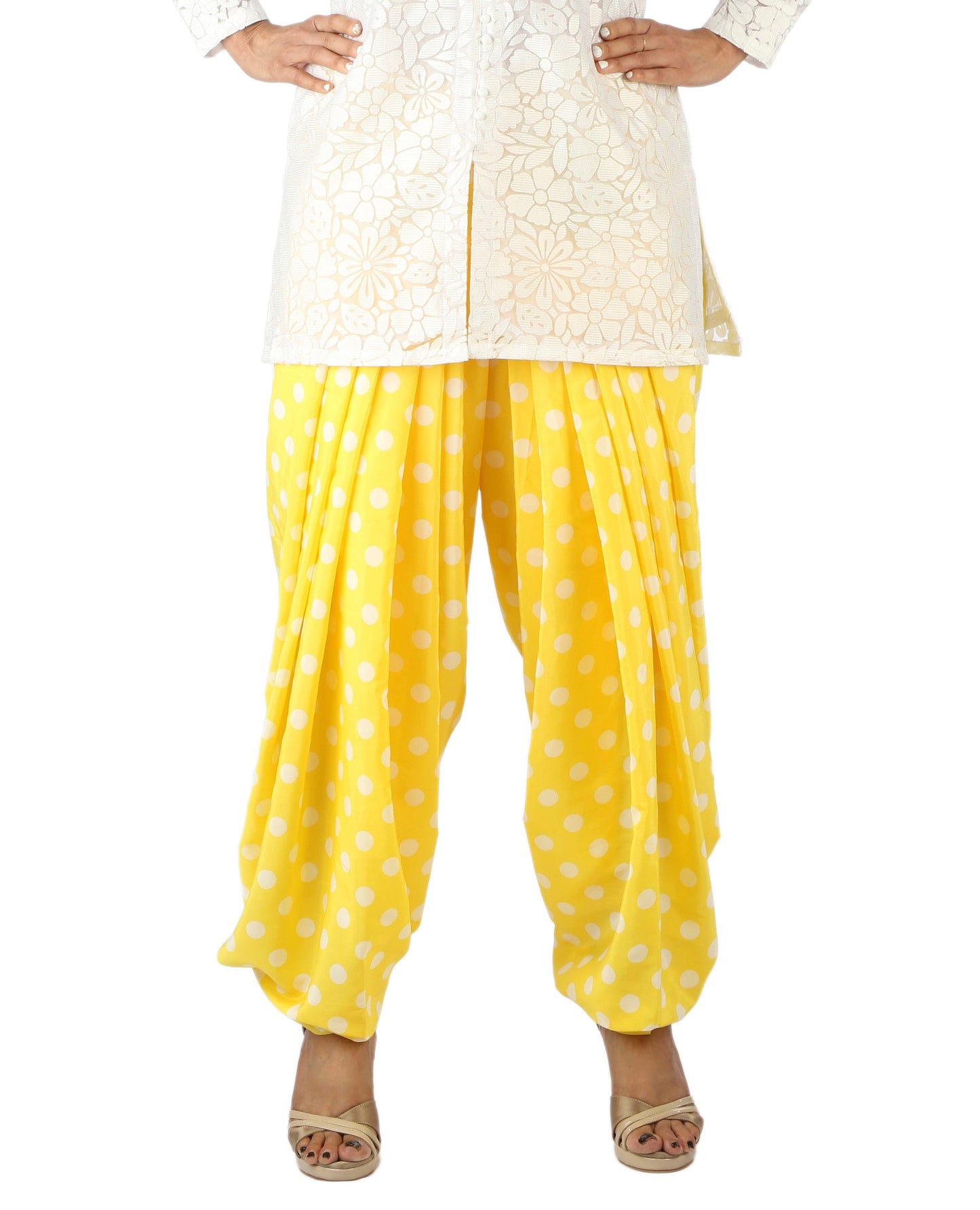 DeeVineeTi Women's Crepe Yellow Polka Dot Printed FreeSize Patiala Salwar DVSR0002
