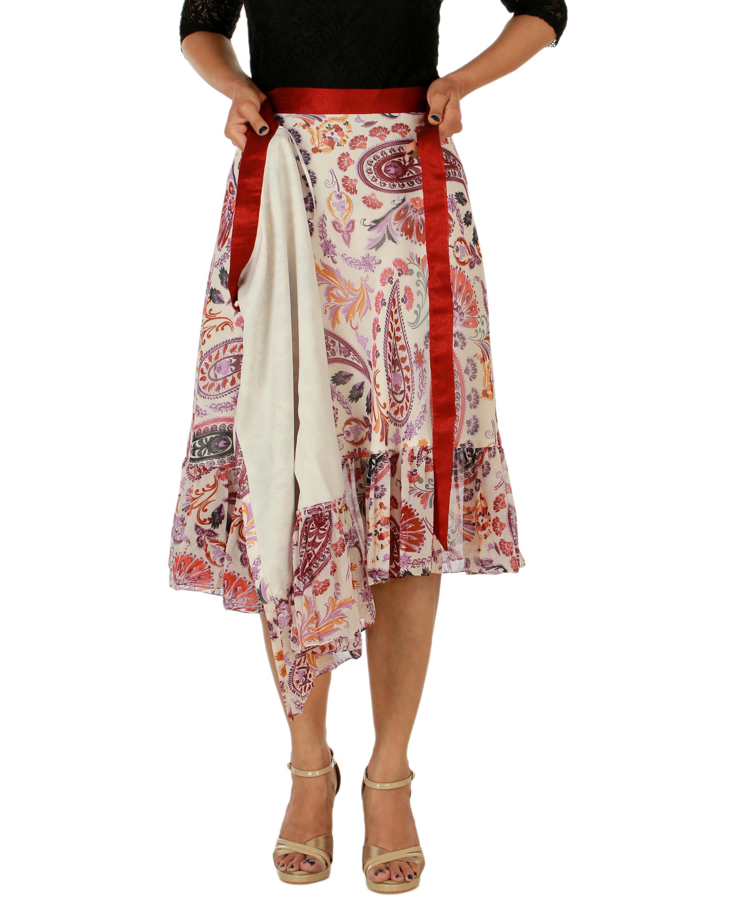Multicolor Printed Ruffle Wrap Skirt Free Size WA000158