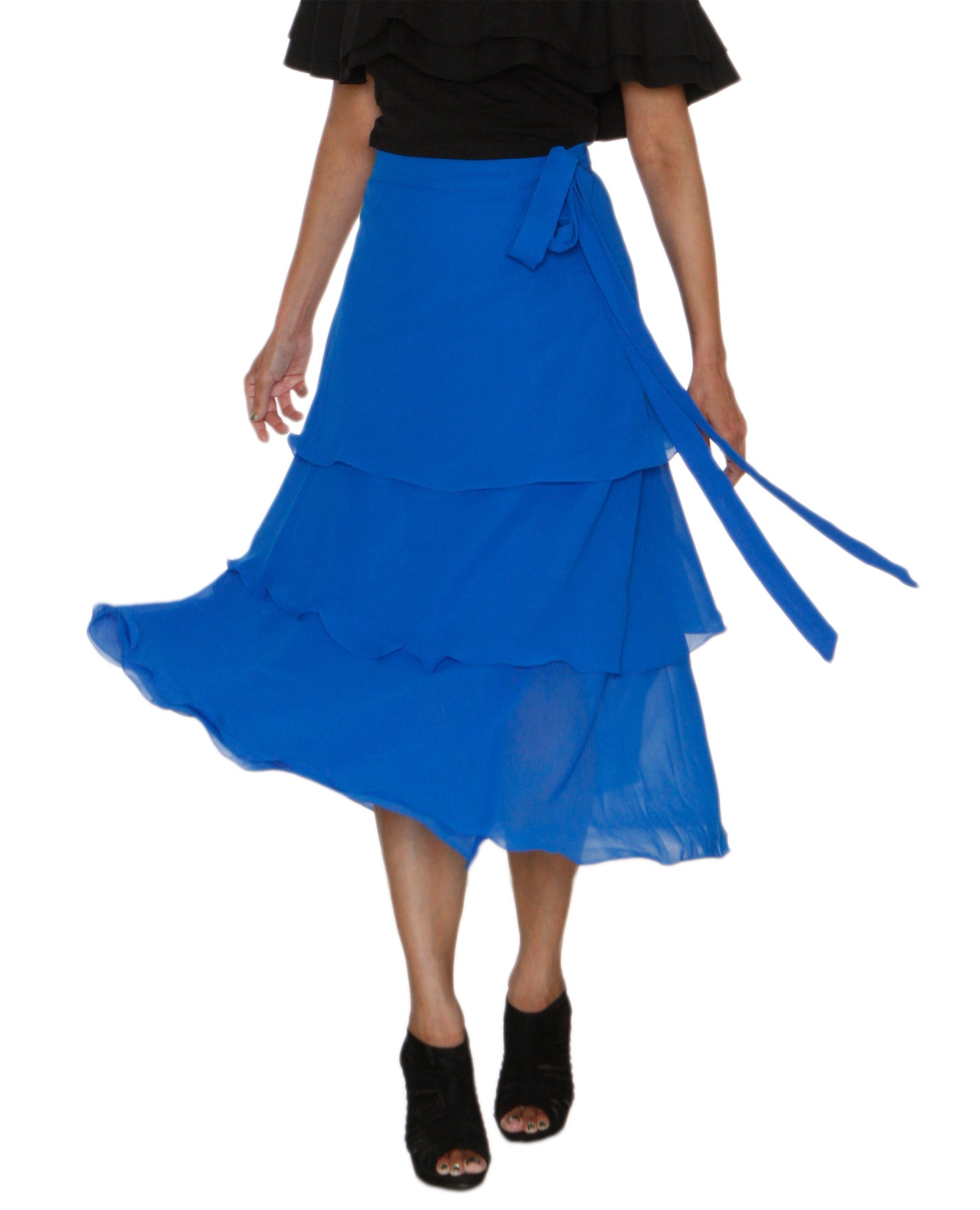Blue solid georgette layered wrap skirt worn by a person on a white background is Free Size WA000213