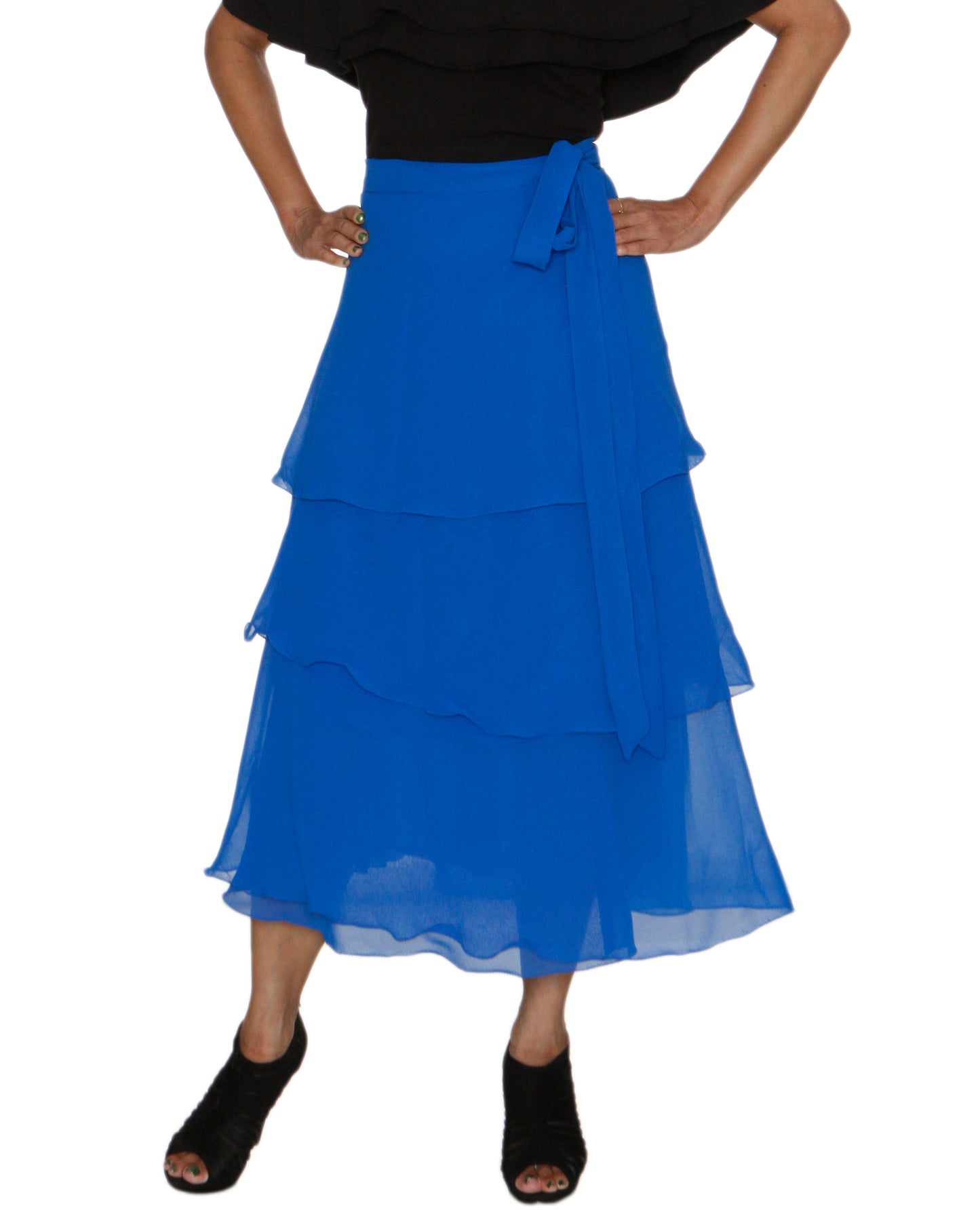 Front View - Blue Solid Georgette Layered Wrap Around Skirt Free Size WA000213