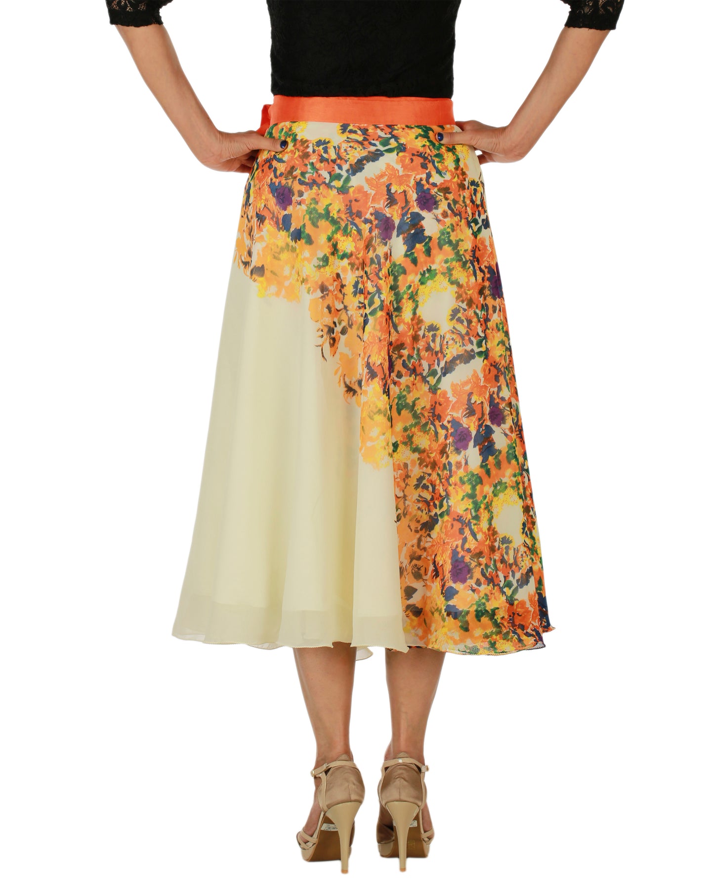 Cream Floral Print Wrap Skirt Free Size WA000152
