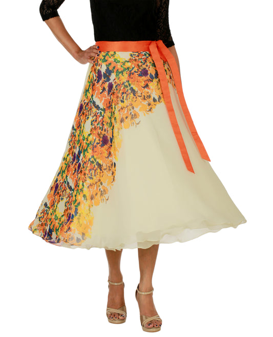 Free size full circle wrap skirt with floral pattern and orange accents with orange silk belt on a white background WA000152