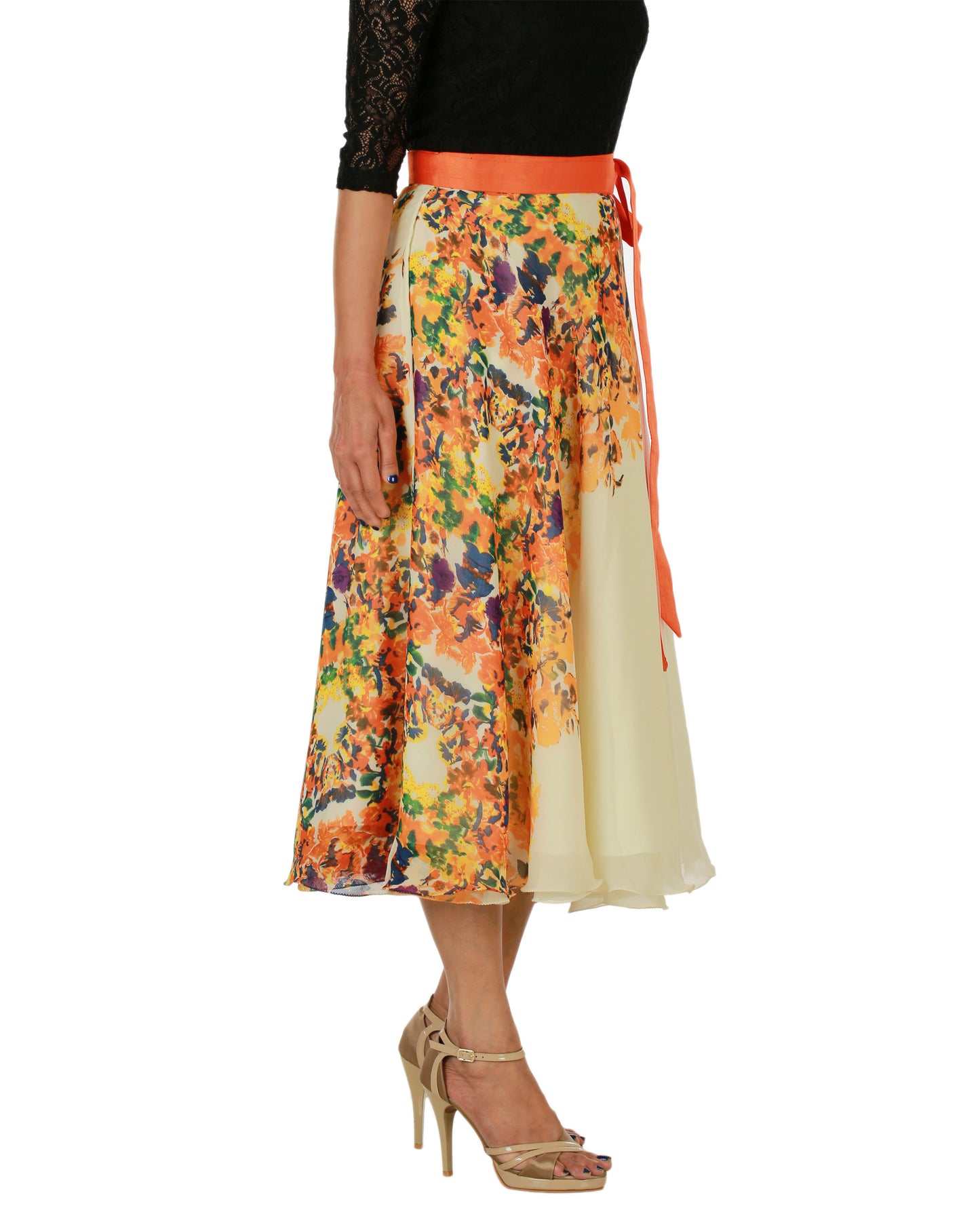 Cream Floral Print Wrap Skirt Free Size WA000152