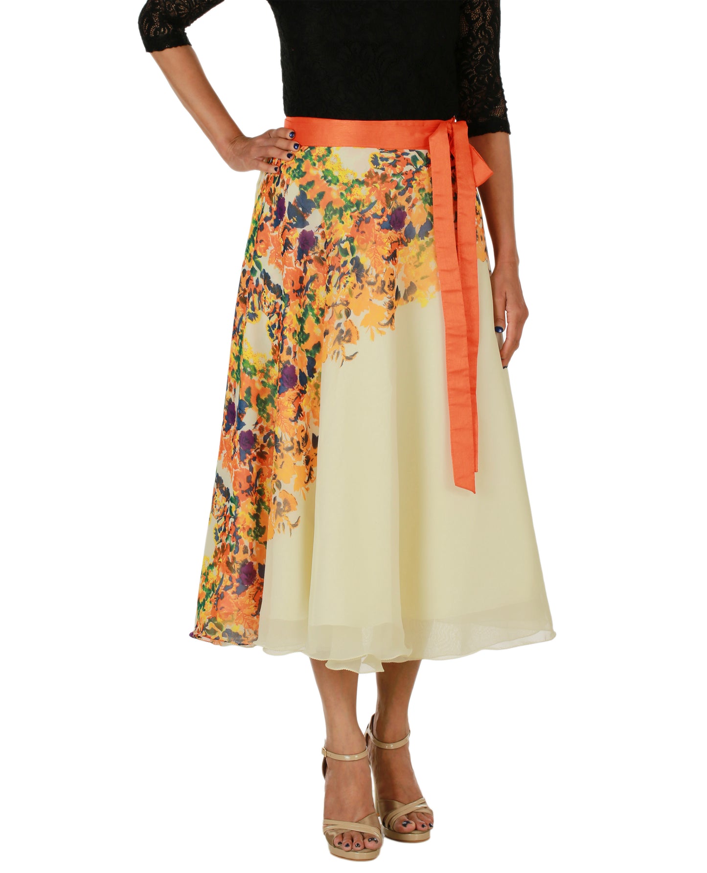 Cream Floral Print Full Circle Wrap Skirt Free Size WA000152