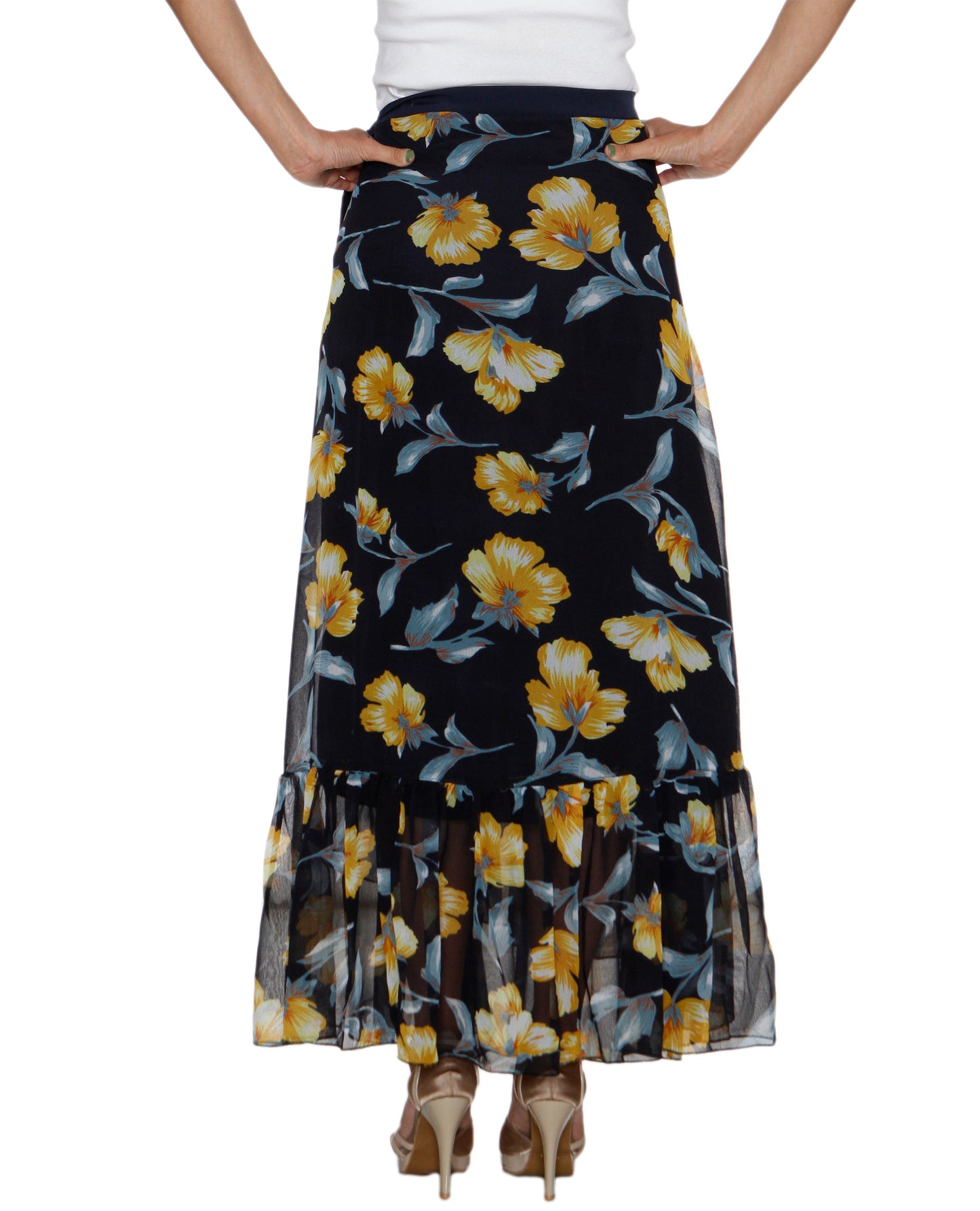 Dark Blue Floral Print Georgette Ruffle Wrap Skirt Free Size WA000207