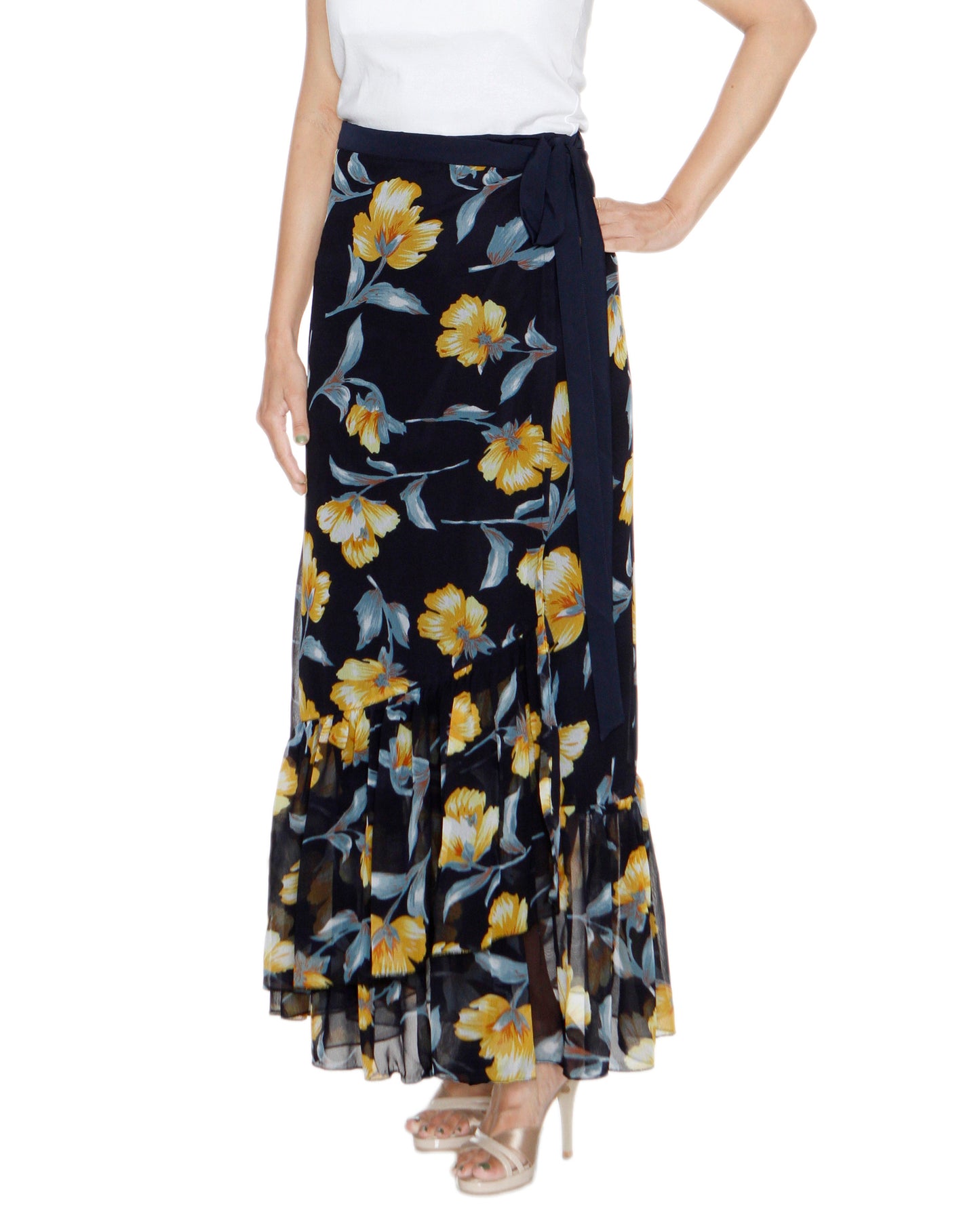 Front View - Dark Blue Floral Print Georgette Ruffle Wrap Skirt Free Size WA000207