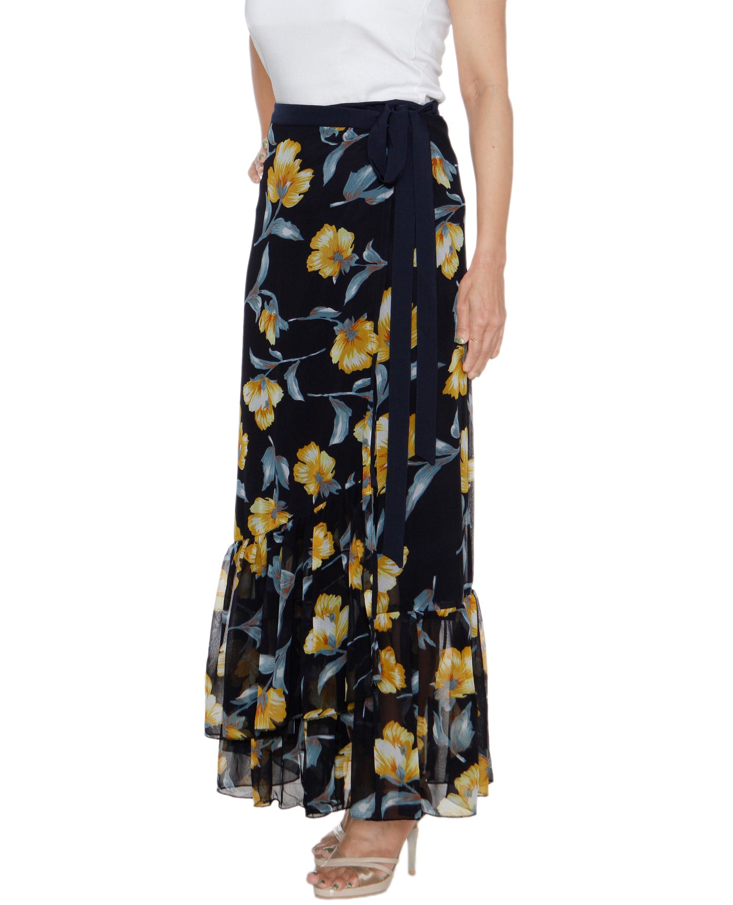 Dark Blue Floral Print Georgette Ruffle Wrap Skirt Free Size WA000207