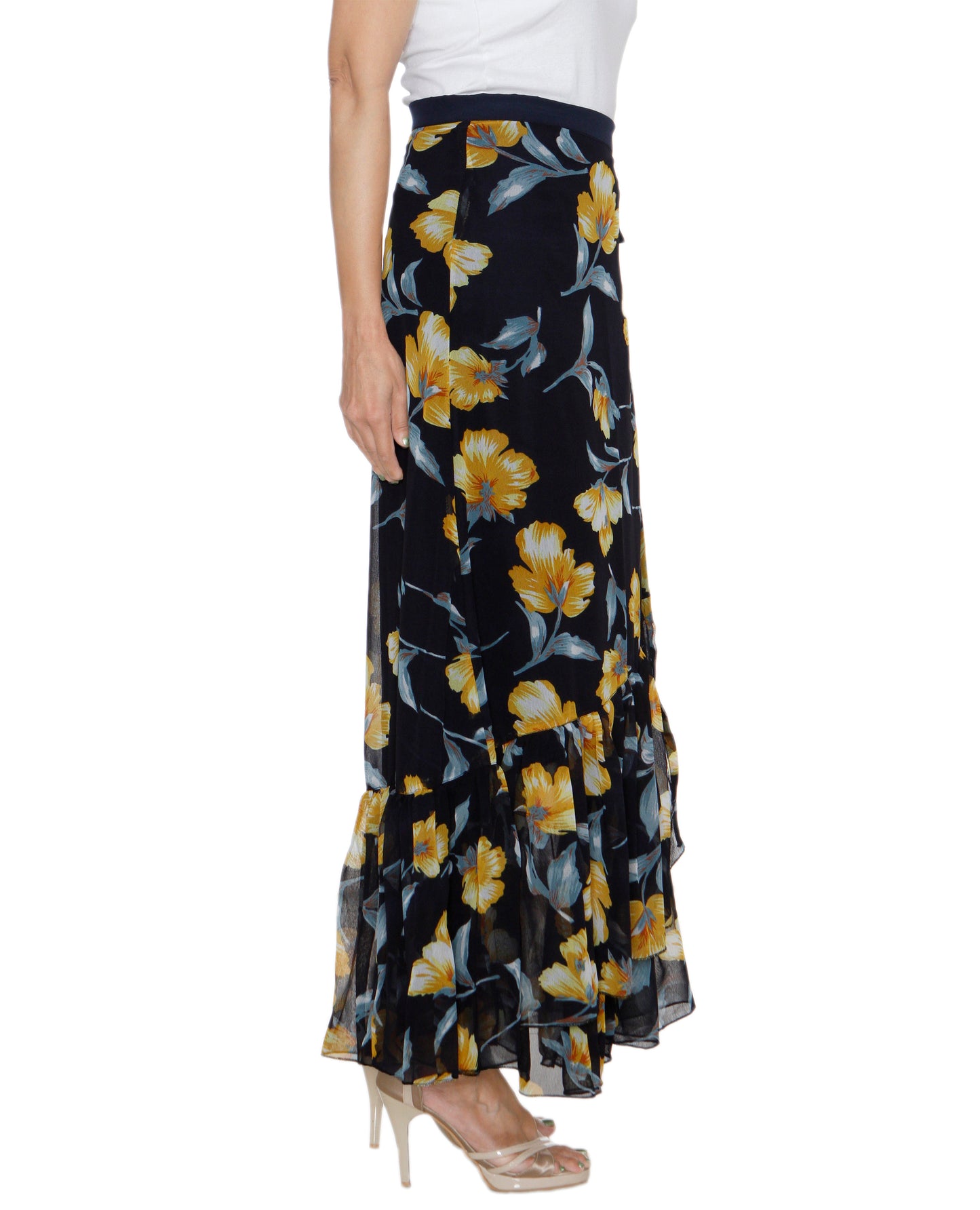 Dark Blue Floral Print Georgette Ruffle Wrap Skirt Free Size WA000207