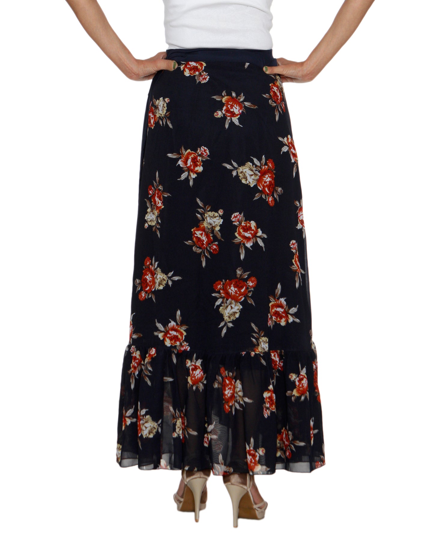 Dark Blue Georgette Floral Print Ruffled Long Wrap Skirt Free Size WA000208