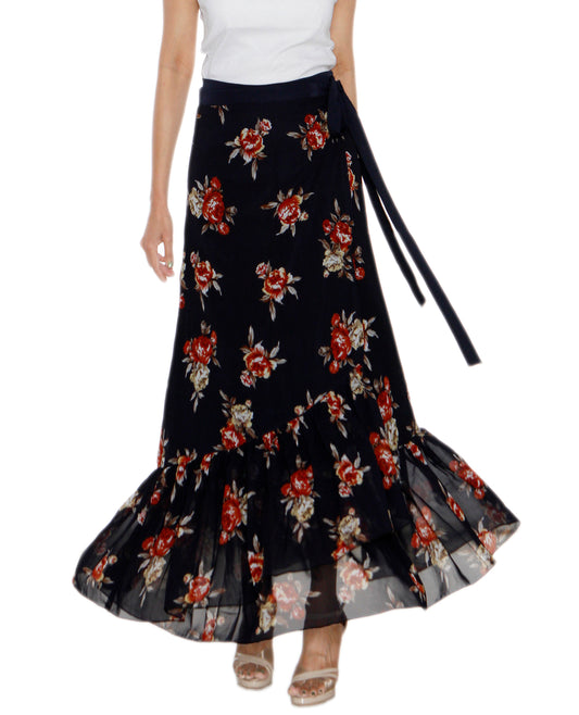 Dark blue floral free size ruffled wrap skirt on a white background WA000208