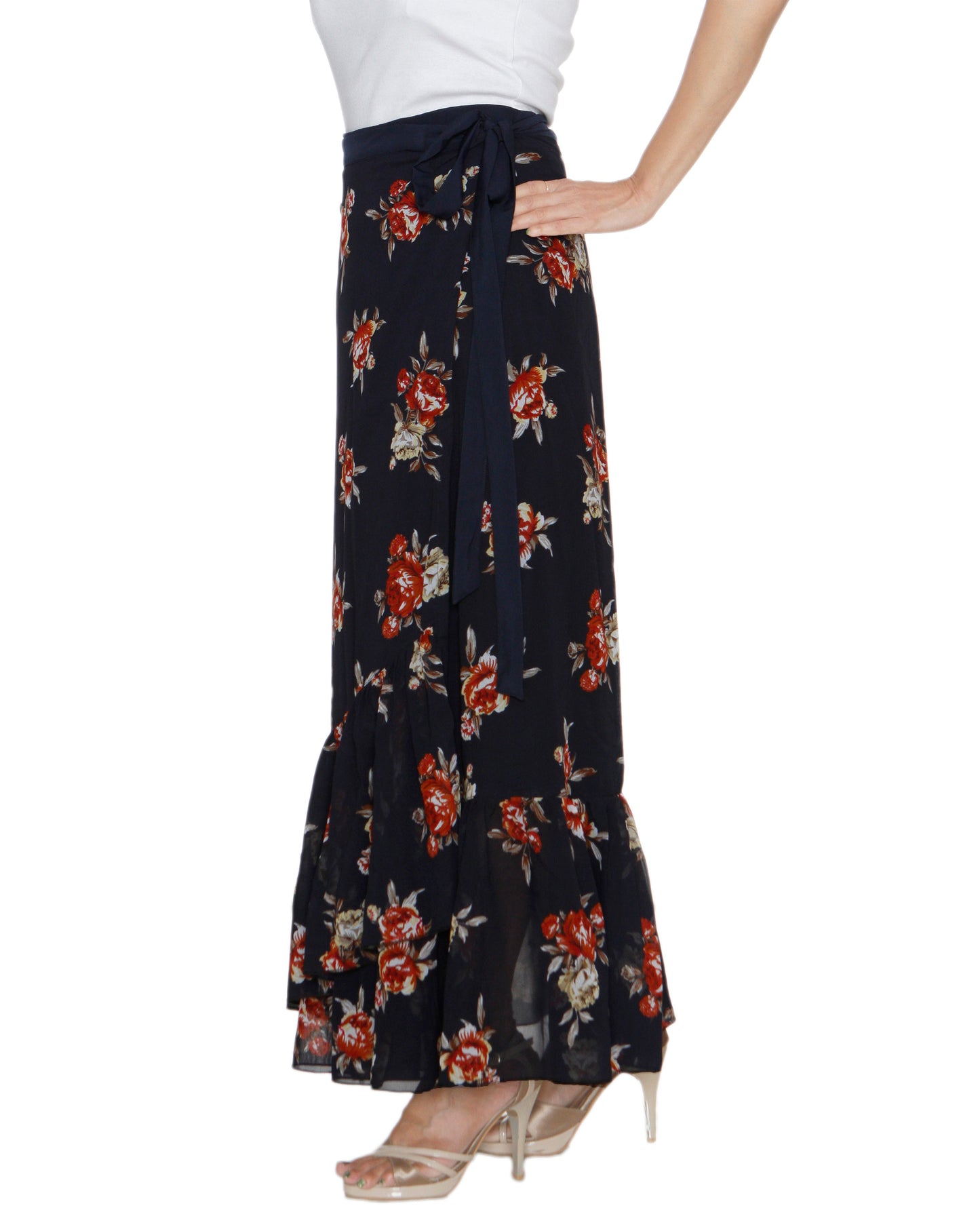 Side View - Dark Blue Georgette Floral Print Ruffled Long Wrap Skirt Free Size WA000208