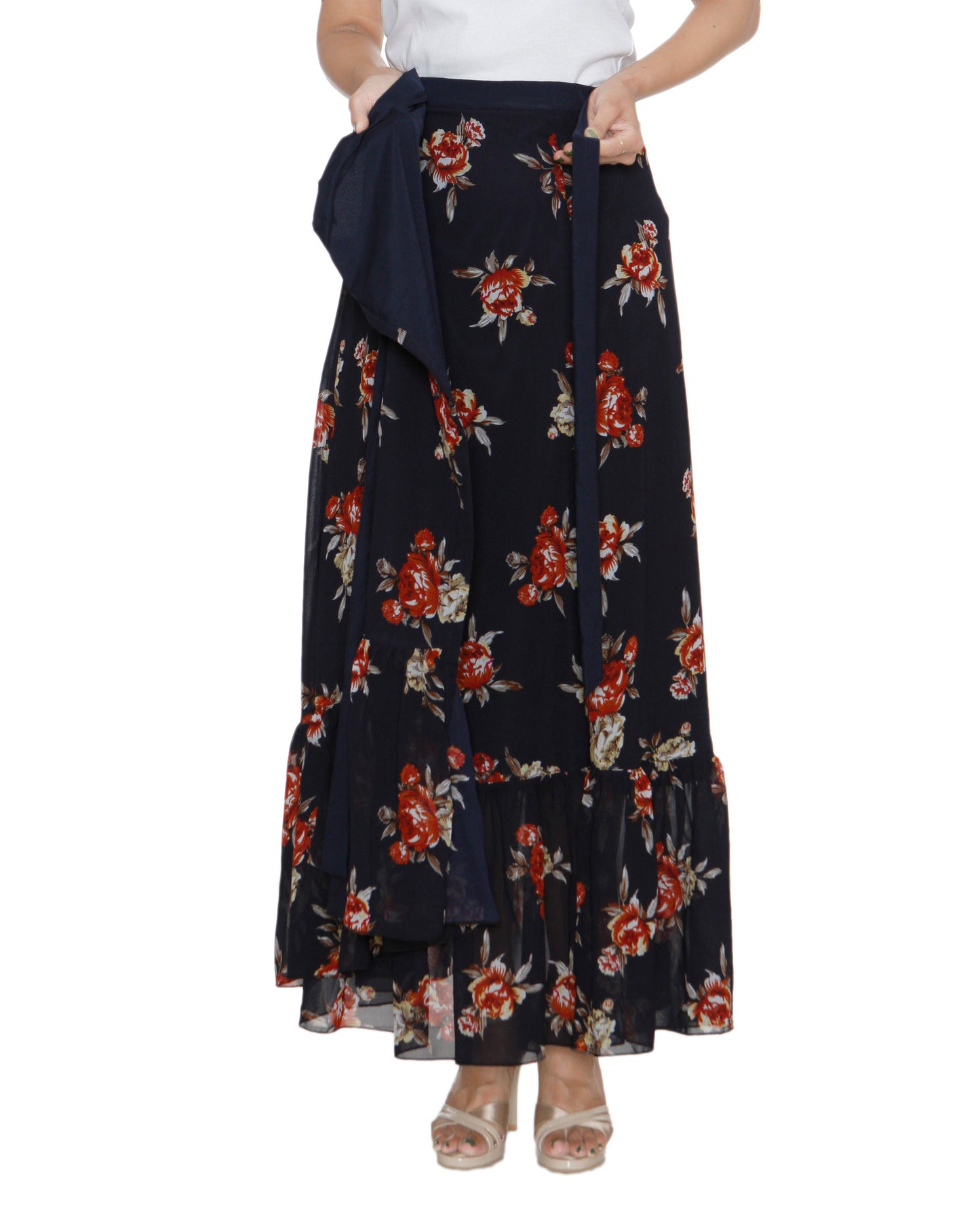 Dark Blue Georgette Floral Print Ruffled Long Wrap Skirt Free Size WA000208