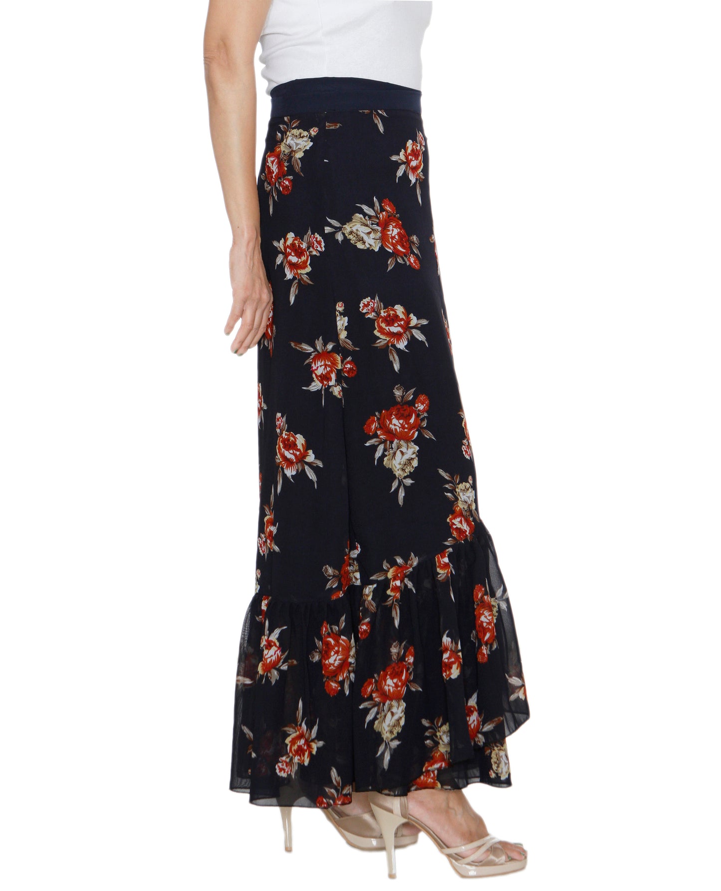 Dark Blue Georgette Floral Print Ruffled Long Wrap Skirt Free Size WA000208