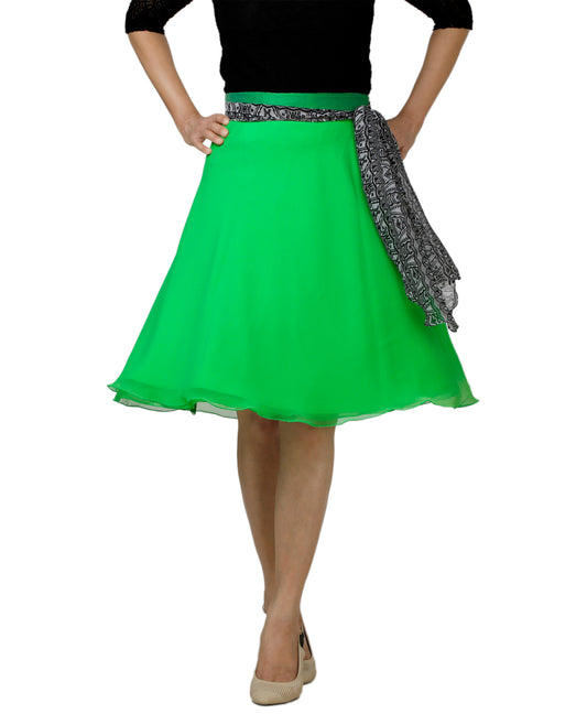 Solid green free size wrap skirt with patterned chiffon belt worn by a person on a white background WA000139