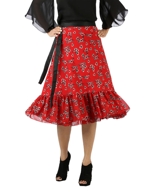 Person wearing a red floral print free size wrap skirt on a white background WA000144