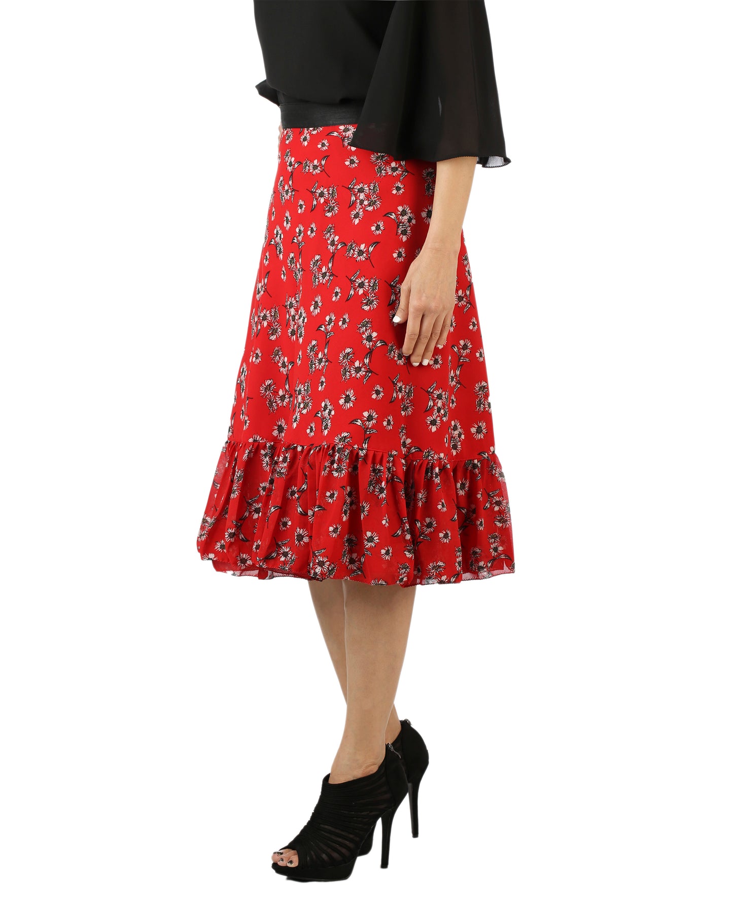 Floral Red Ruffle Wrap Skirt Free Size WA000144