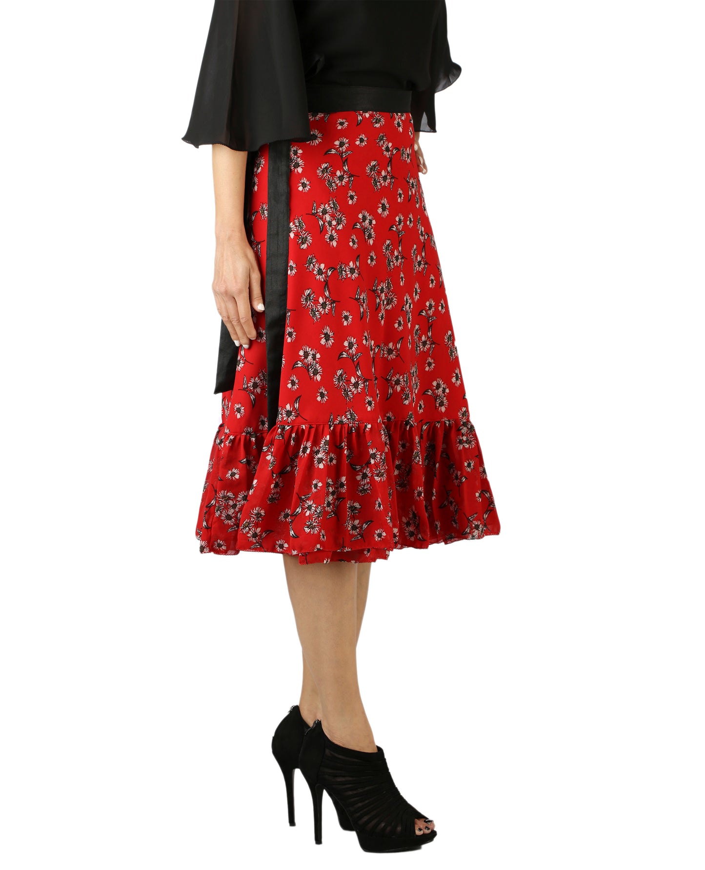 Floral Red Ruffle Wrap Skirt Free Size WA000144