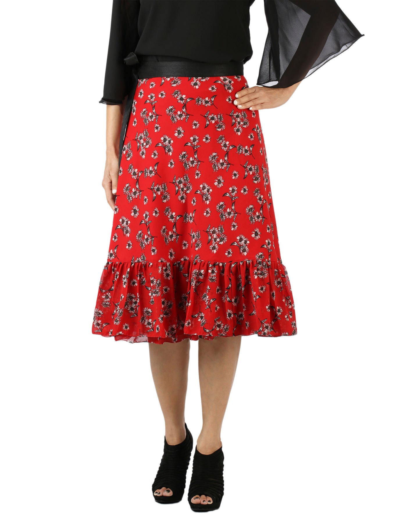 Floral Red Ruffle Wrap Skirt Free Size WA000144