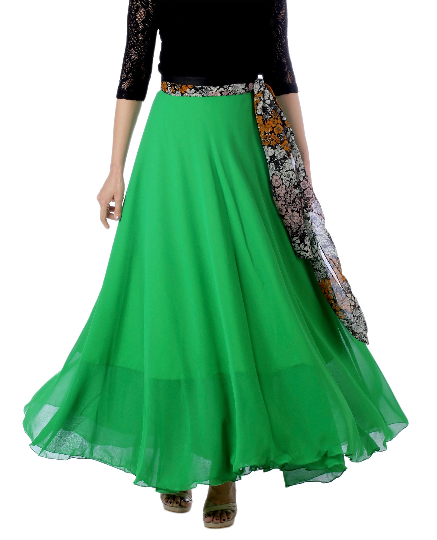 Green free size wrap skirt with a floral patterned belt worn by a person on a white background WA000174