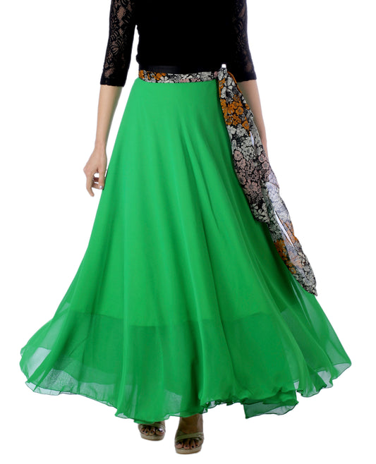 Green free size wrap skirt with a floral patterned belt worn by a person on a white background WA000174