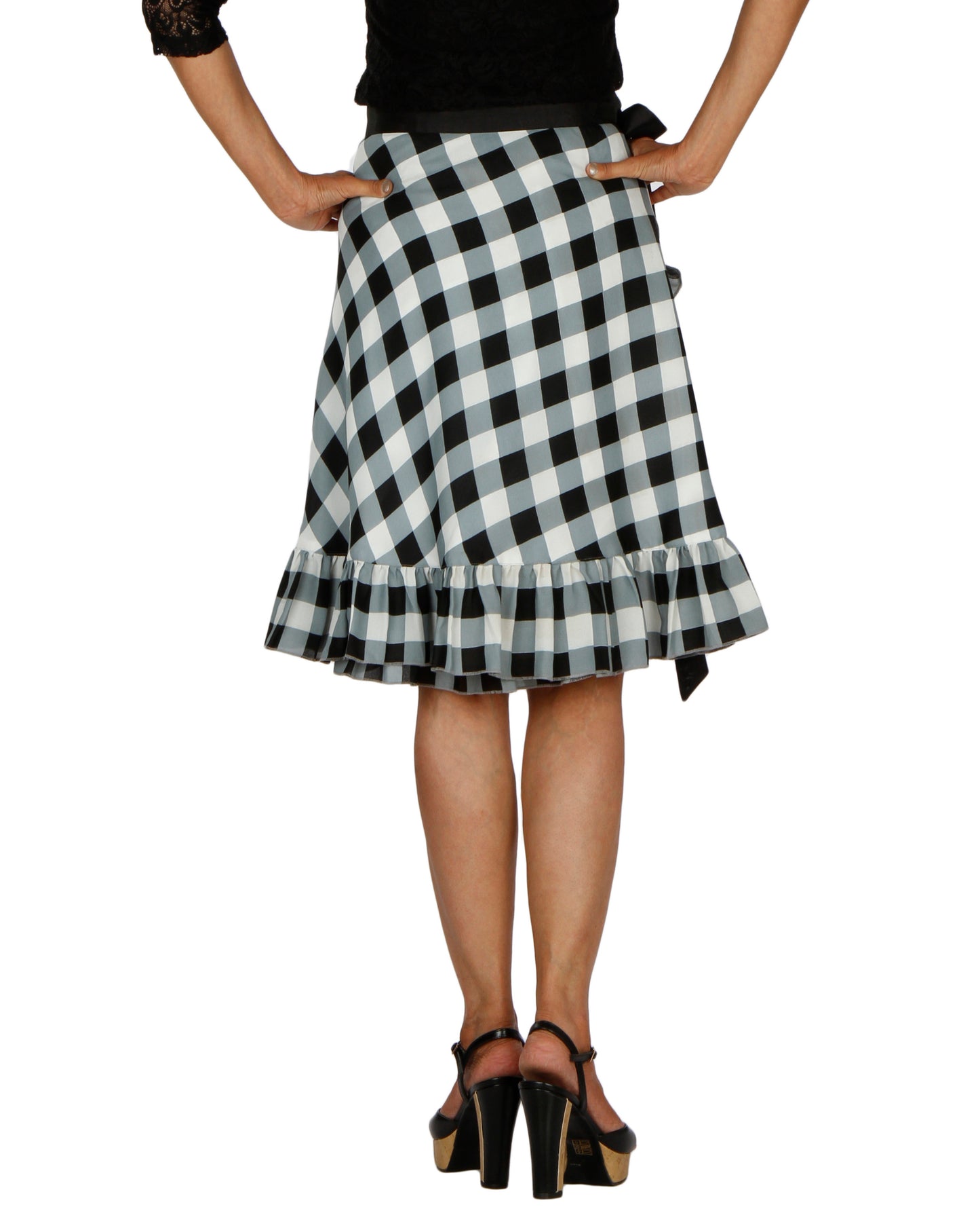 Black and White Checkered Printed Ruffle Wrap Skirt Free Size WA000196