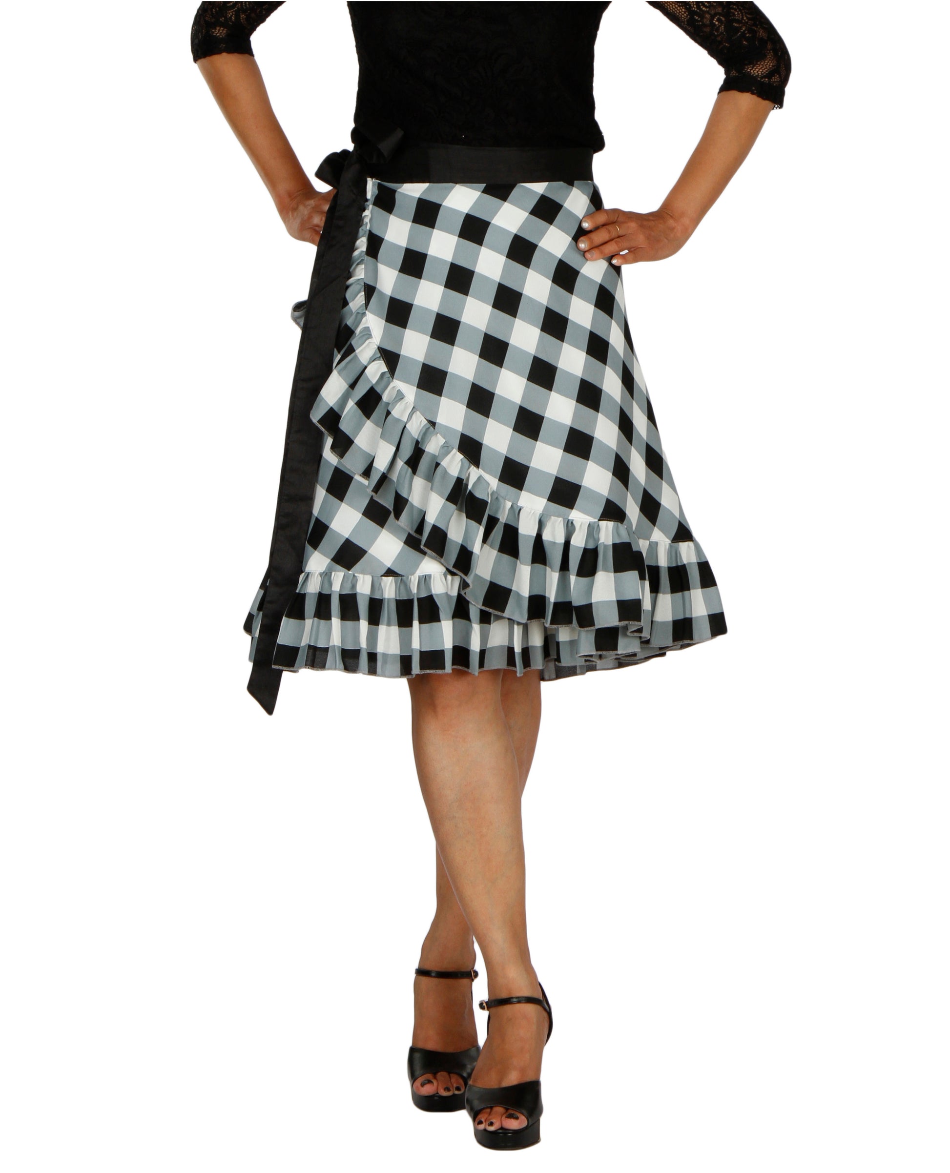 Black and White Checkered Printed Ruffle Wrap Skirt Free Size WA000196