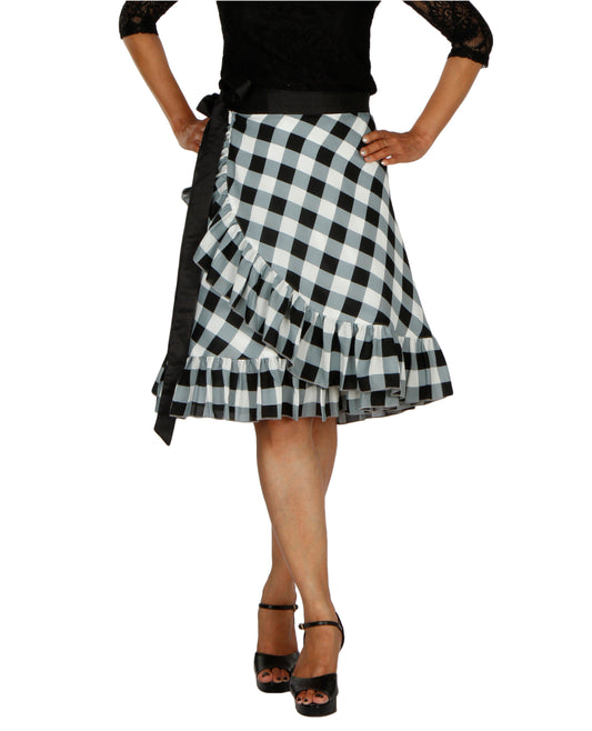 Black and White Checkered Printed Ruffle Wrap Skirt Free Size WA000196