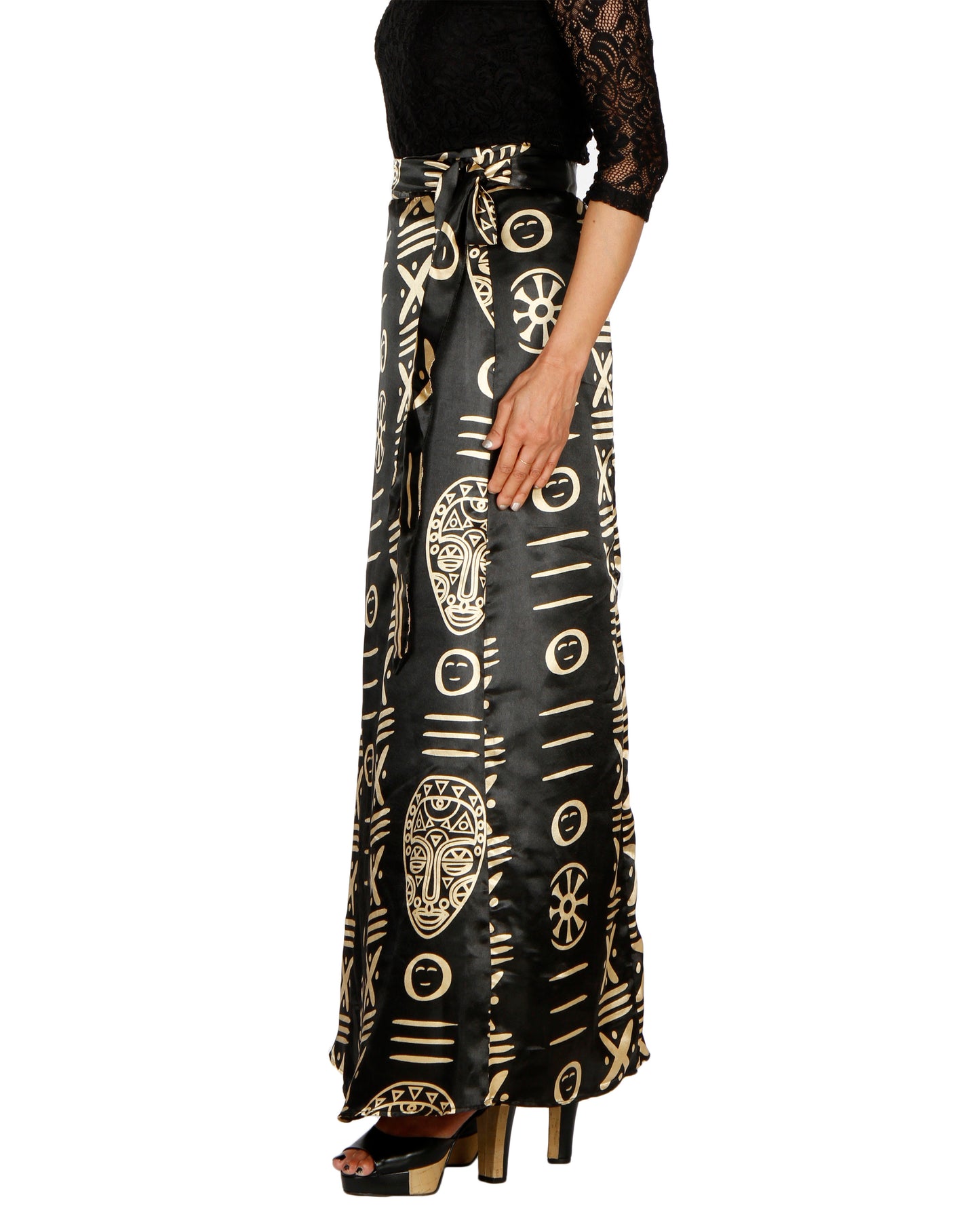 Black Printed A-Line Wrap Skirt Free Size WA000201