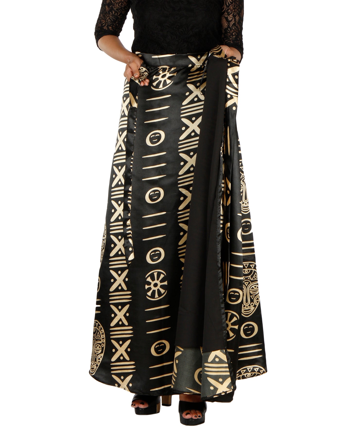 Black Printed A-Line Wrap Skirt Free Size WA000201