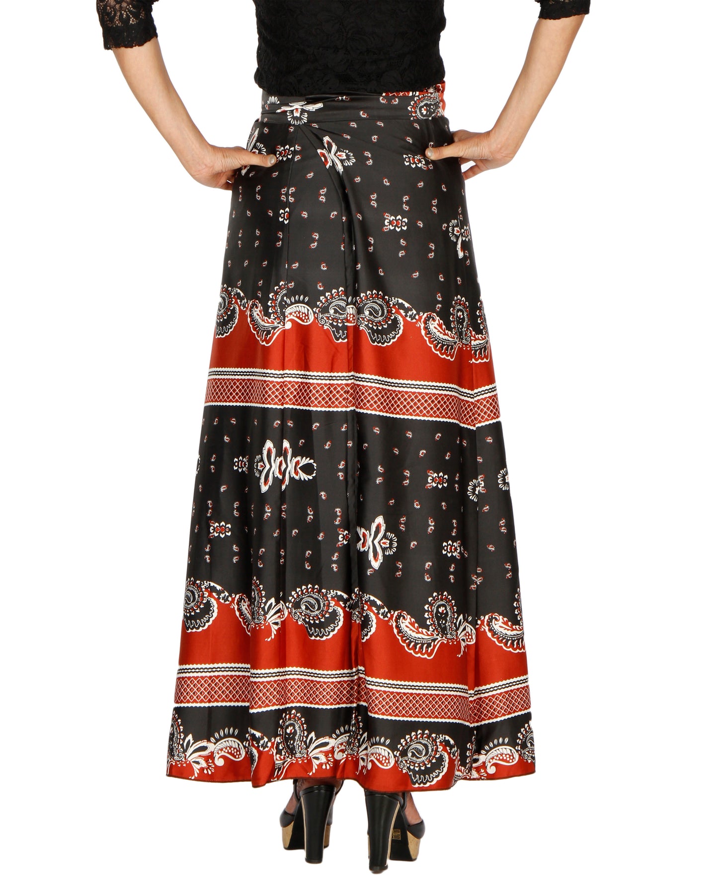 Black Printed A-Line Wrap Skirt Free Size WA000202