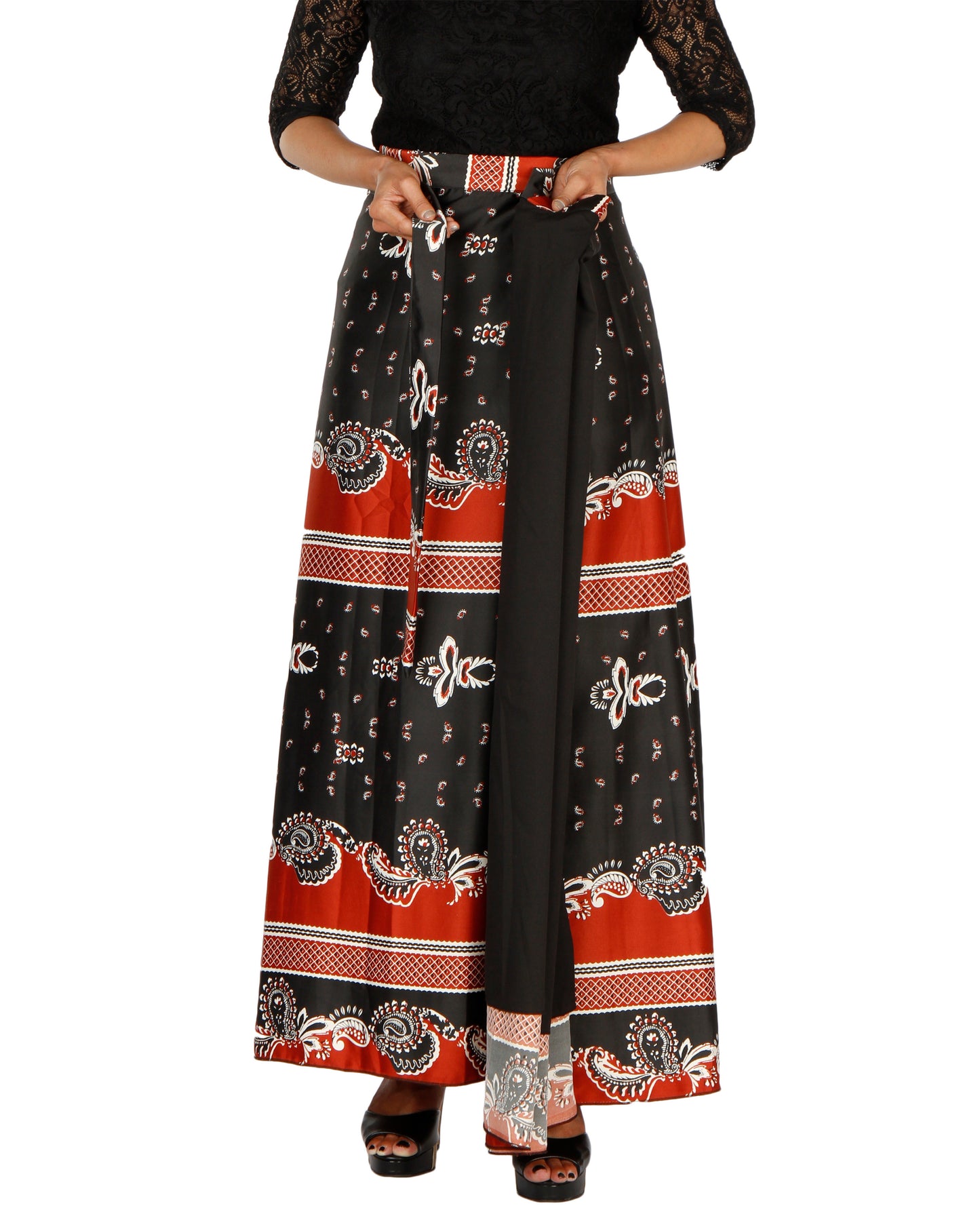 Black Printed A-Line Wrap Skirt Free Size WA000202