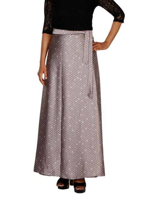 Grey satin printed A-line long wrap skirt free size worn by a women WA000204