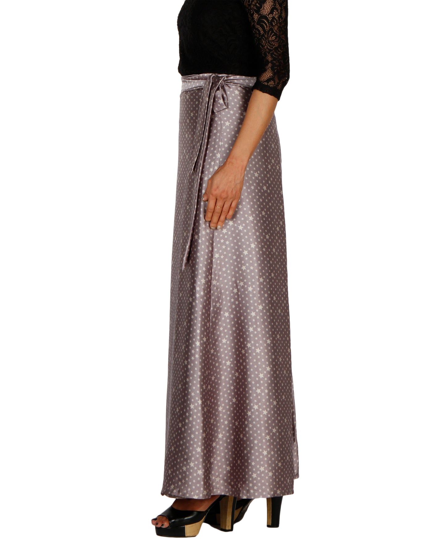 Grey Satin Printed A-Line Wrap Skirt Free Size WA000204