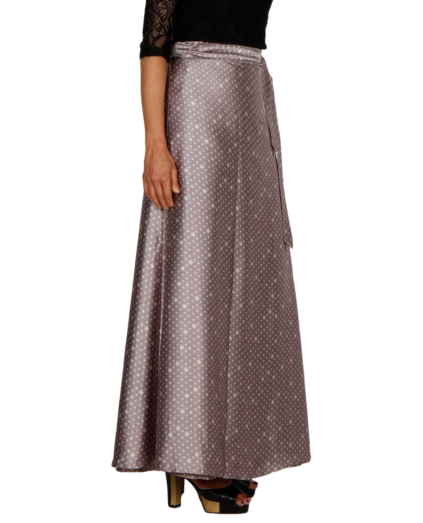 Grey Satin Printed A-Line Wrap Skirt Free Size WA000204