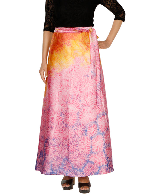Woman wearing a printed colorful free size A-line satin wrap skirt with a white background WA000203
