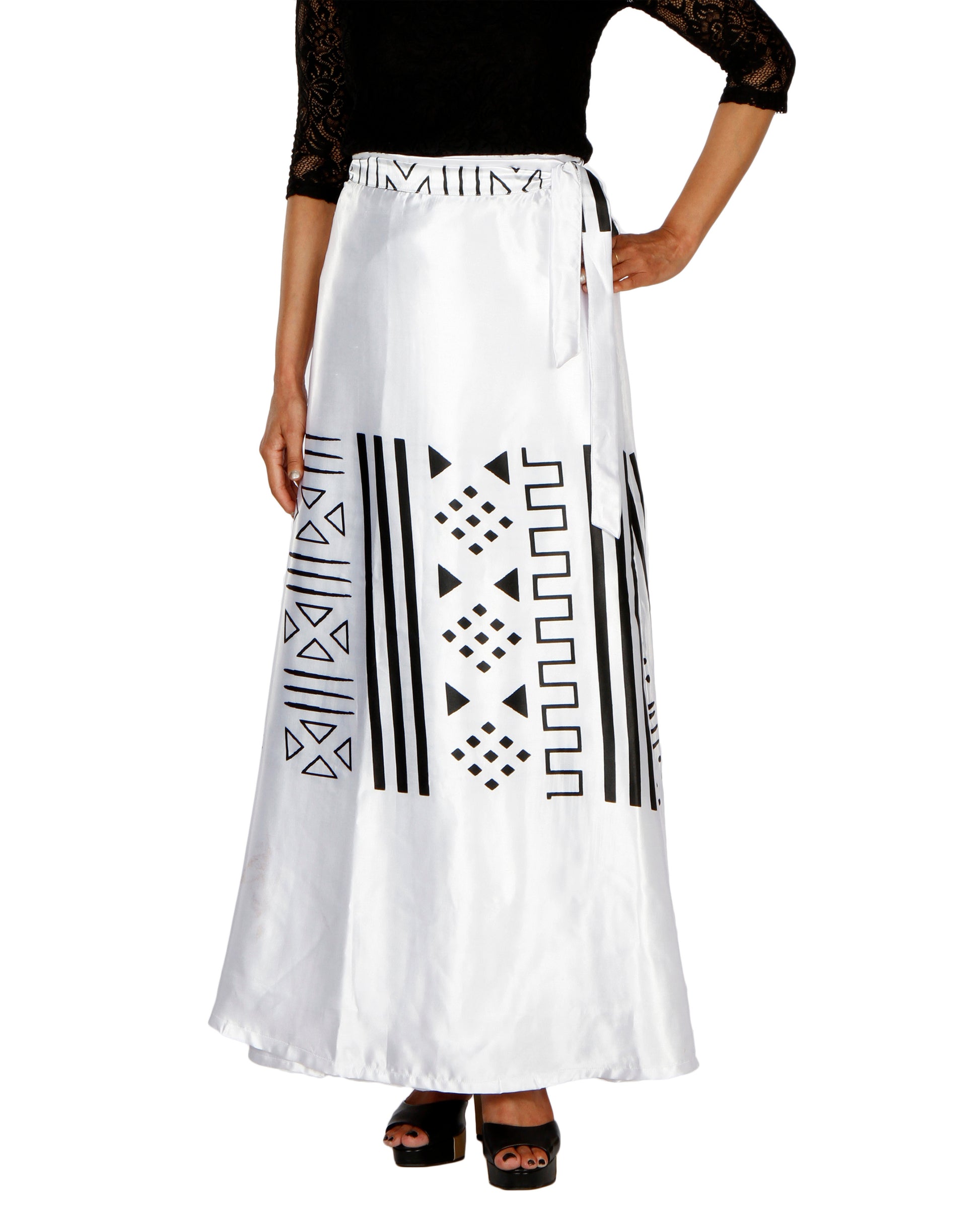 White A-Line printed wrap skirt with black geometric patterns worn by a person on a white background, is a Free Size WA000200