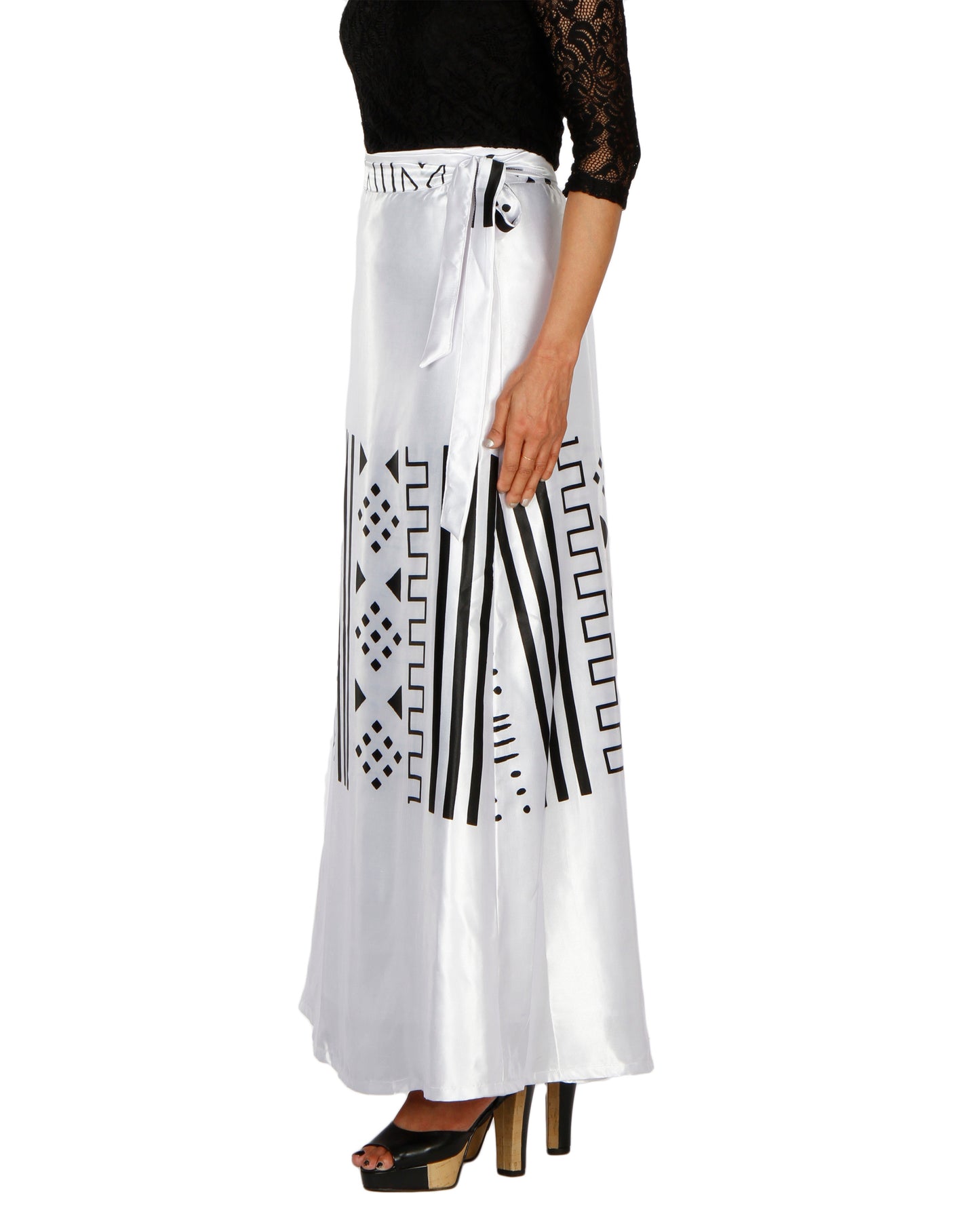 Side View - White A-Line Printed Wrap Skirt Free Size WA000200
