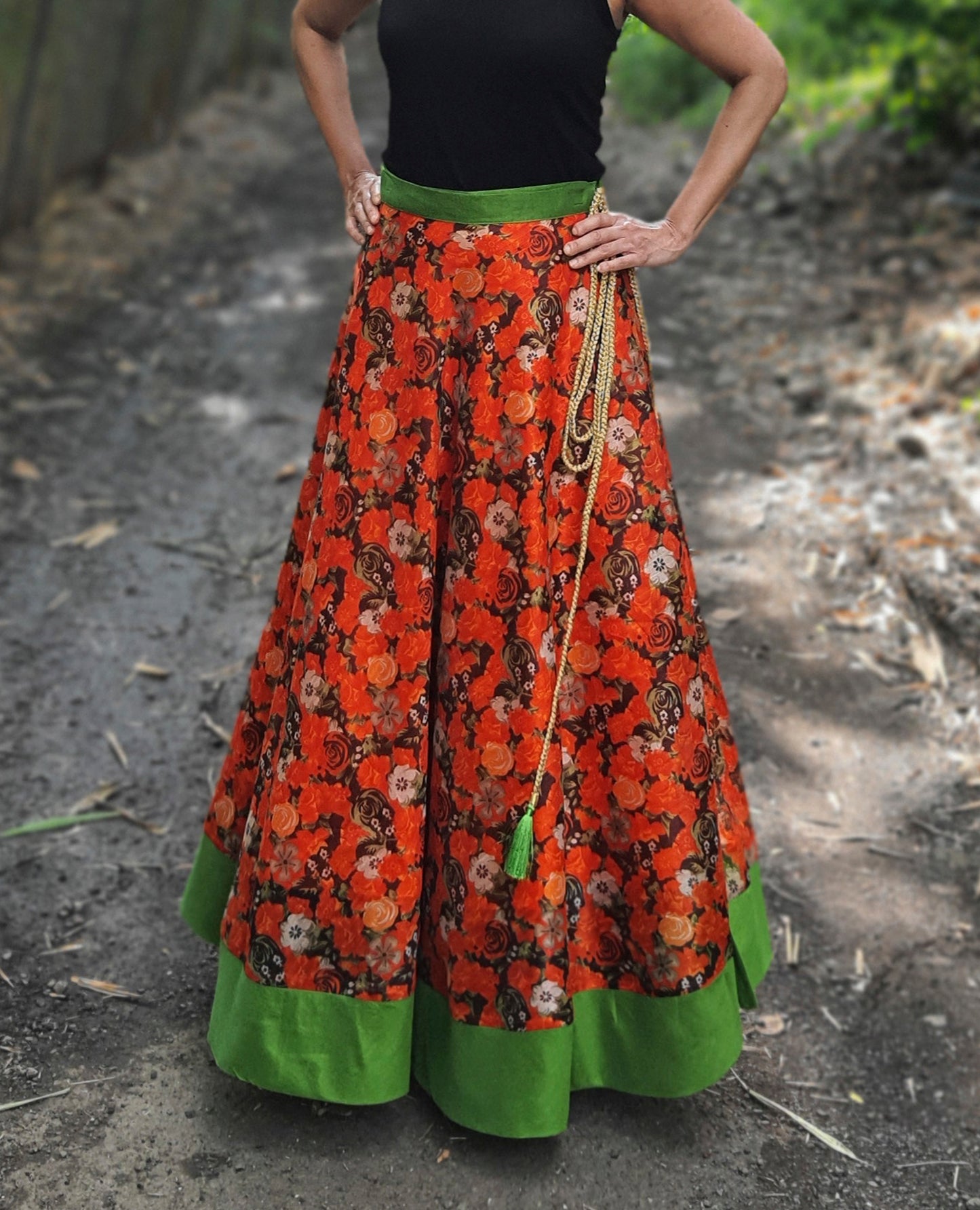 Floral Orange Art Silk Wrap Skirt Free Size WA000216