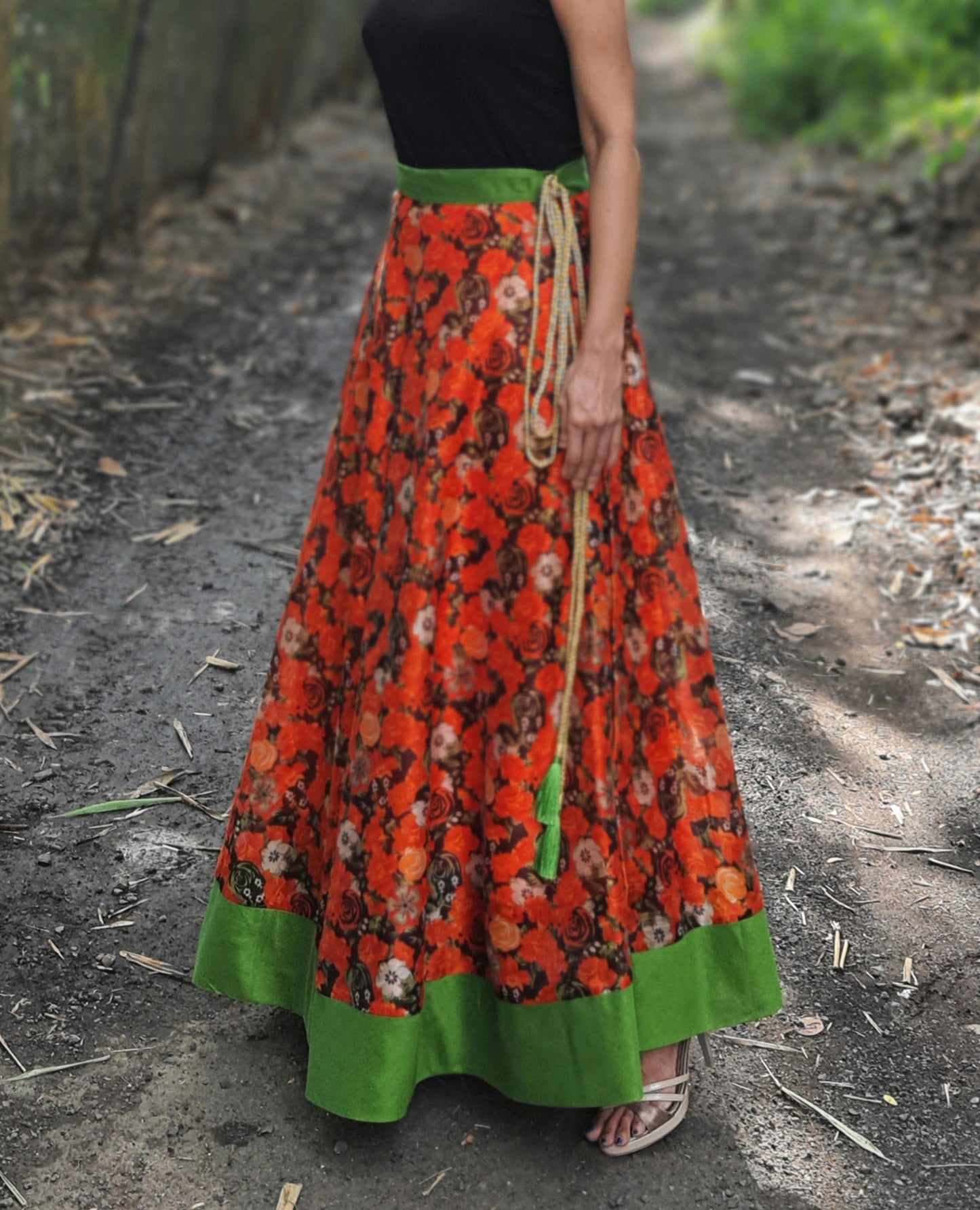 Floral Orange Art Silk Wrap Skirt Free Size WA000216