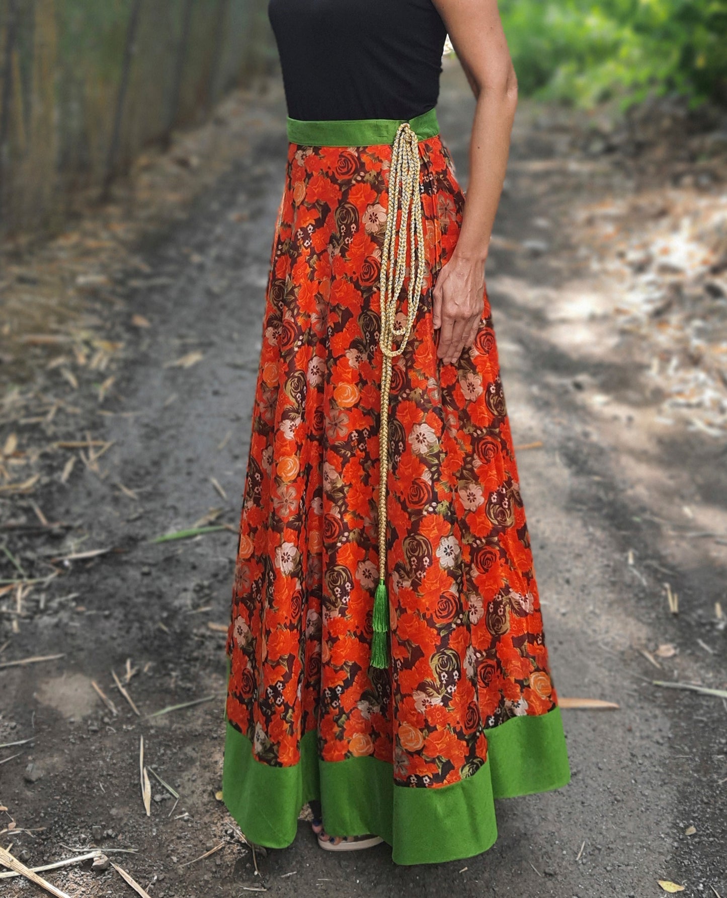 Floral Orange Art Silk Wrap Skirt Free Size WA000216
