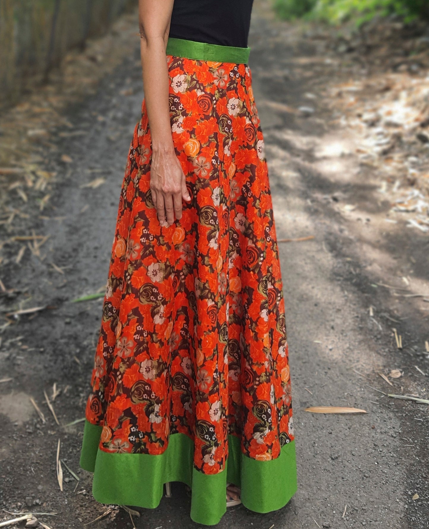 Floral Orange Art Silk Wrap Skirt Free Size WA000216