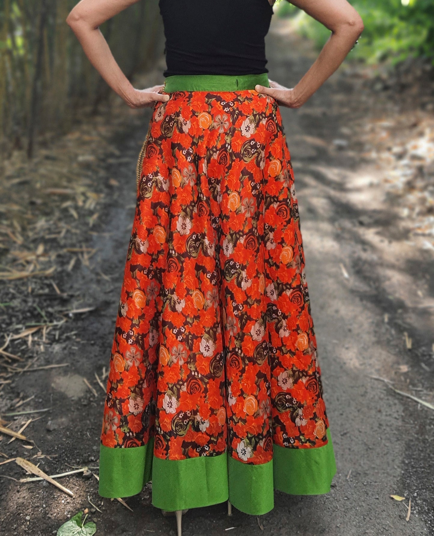 Floral Orange Art Silk Wrap Skirt Free Size WA000216