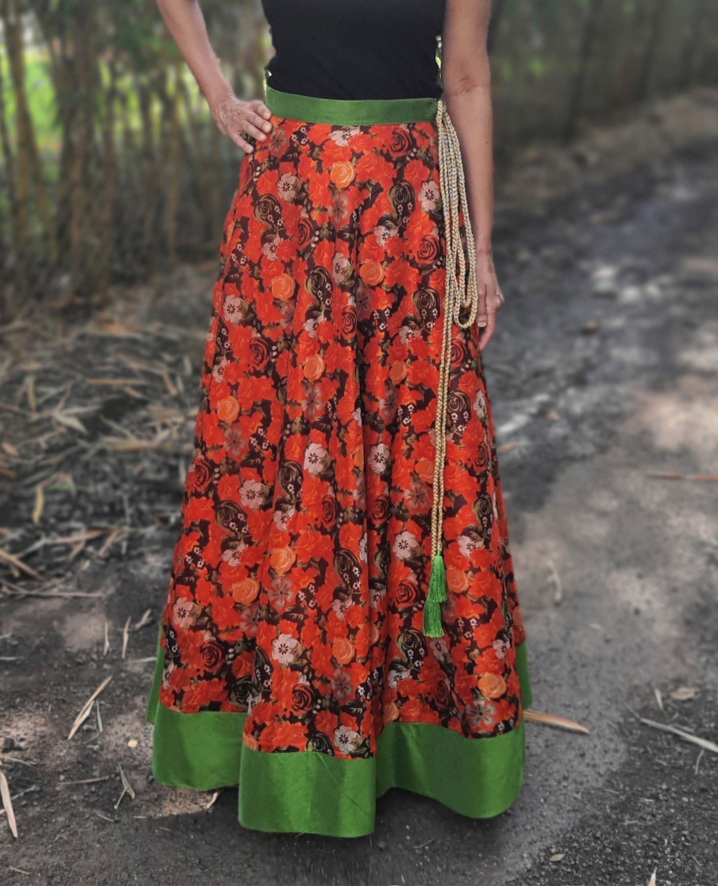 Floral Orange Art Silk Wrap Skirt Free Size WA000216