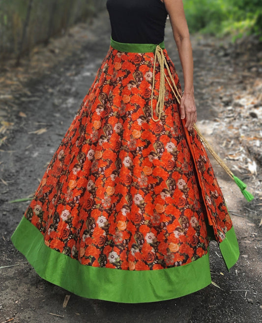 Floral Orange Art Silk Wrap Skirt Free Size WA000216